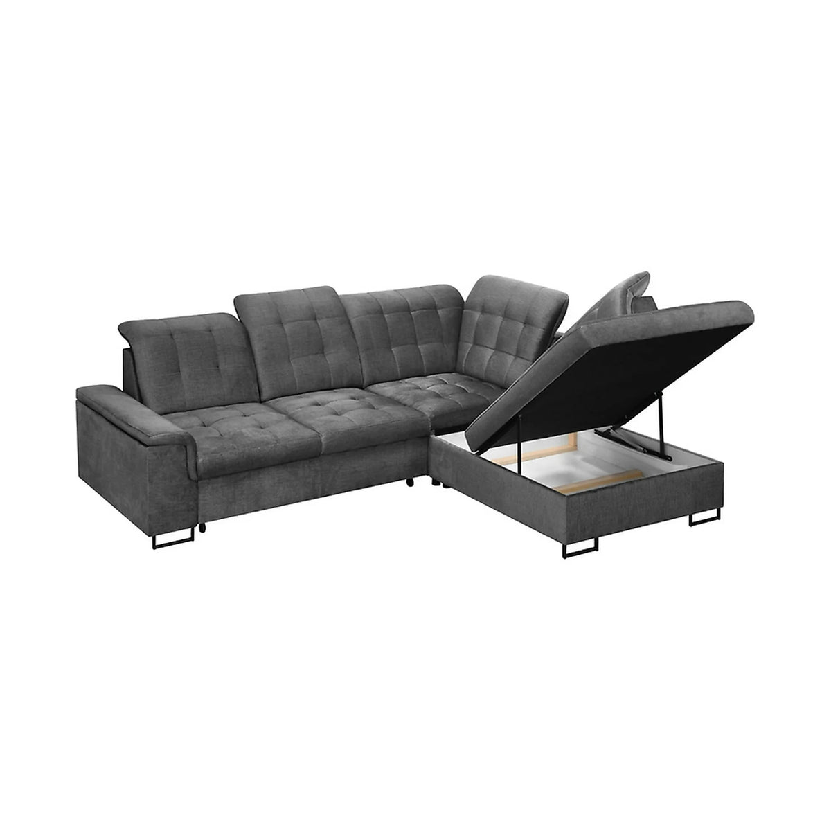Coltar extensibil ARAGON, sezlong dreapta, stofa catifelata gri - Voss 15, cu lada depozitare, 270x230x150 cm