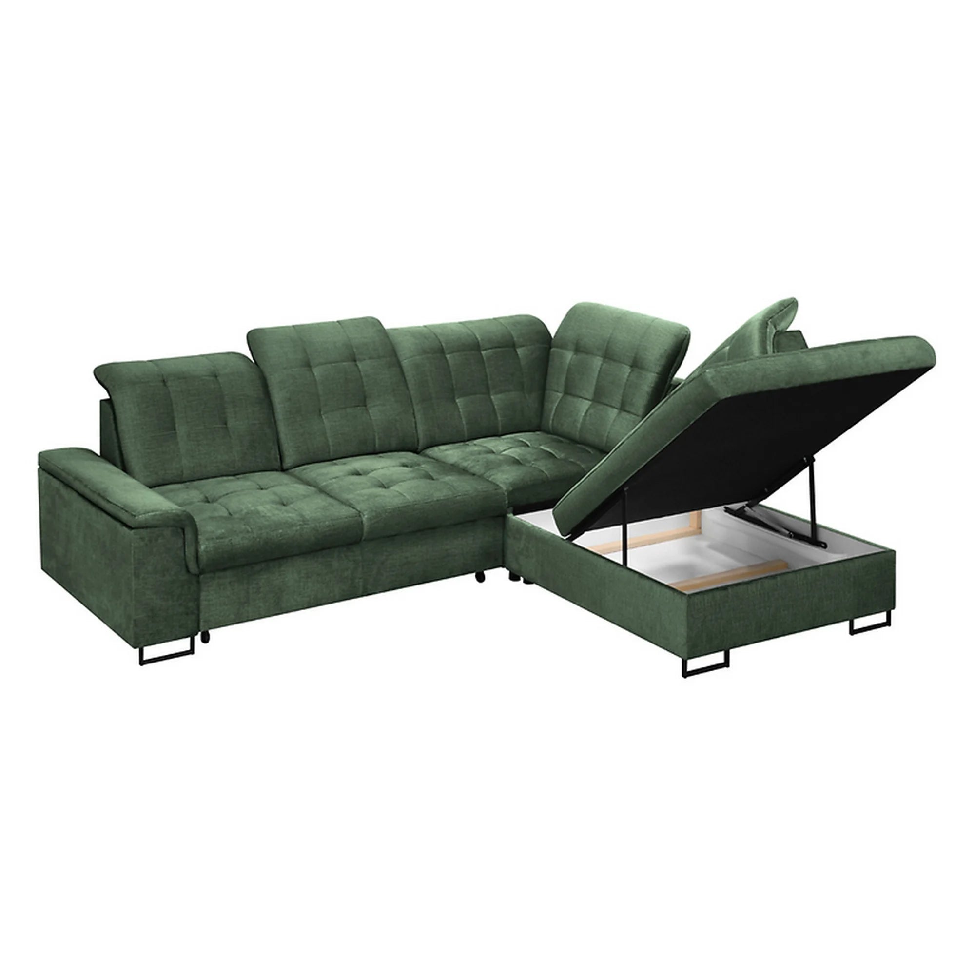 Coltar extensibil ARAGON, sezlong dreapta, stofa catifelata verde - Voss 77, cu lada depozitare, 270x230x150 cm