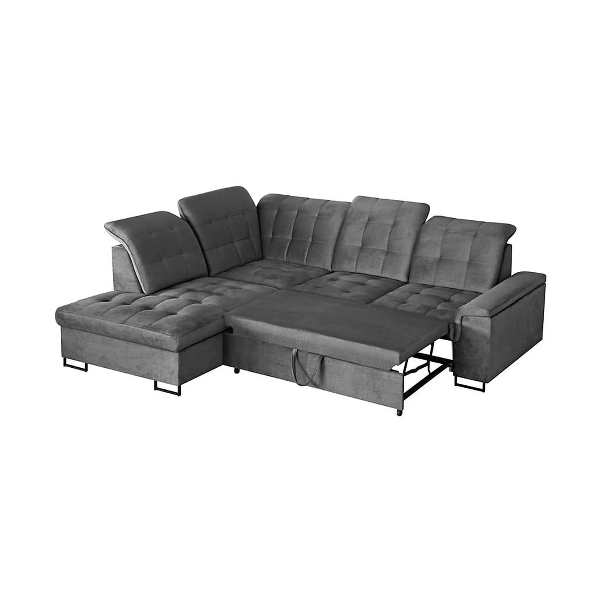 Coltar extensibil ARAGON, sezlong stanga, stofa catifelata gri - Voss 15, cu lada depozitare, 270x230x150 cm