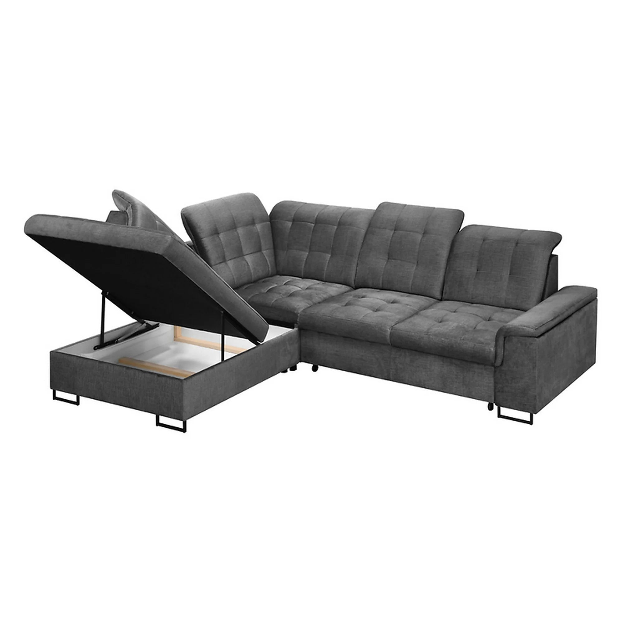 Coltar extensibil ARAGON, sezlong stanga, stofa catifelata gri - Voss 15, cu lada depozitare, 270x230x150 cm