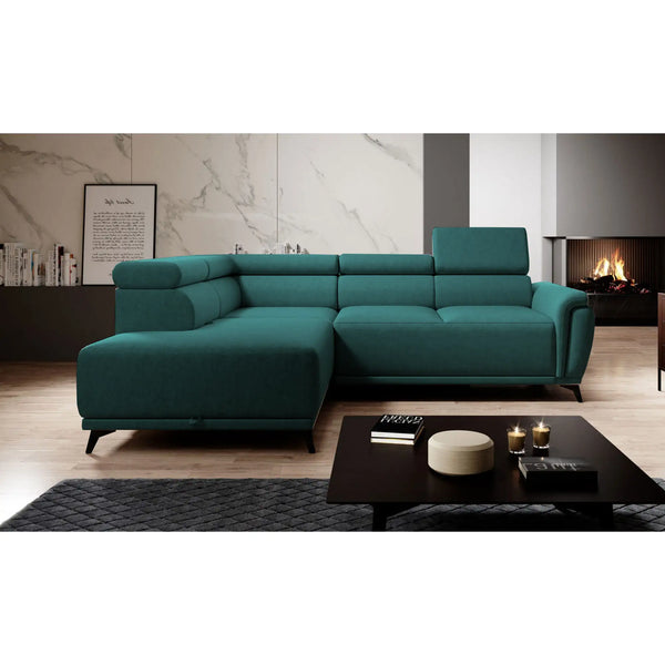 Coltar extensibil ATLANTA, personalizabil materiale gama Oferta Avantaj, cu lada depozitare si tetiere reglabile, 281x203x98 cm