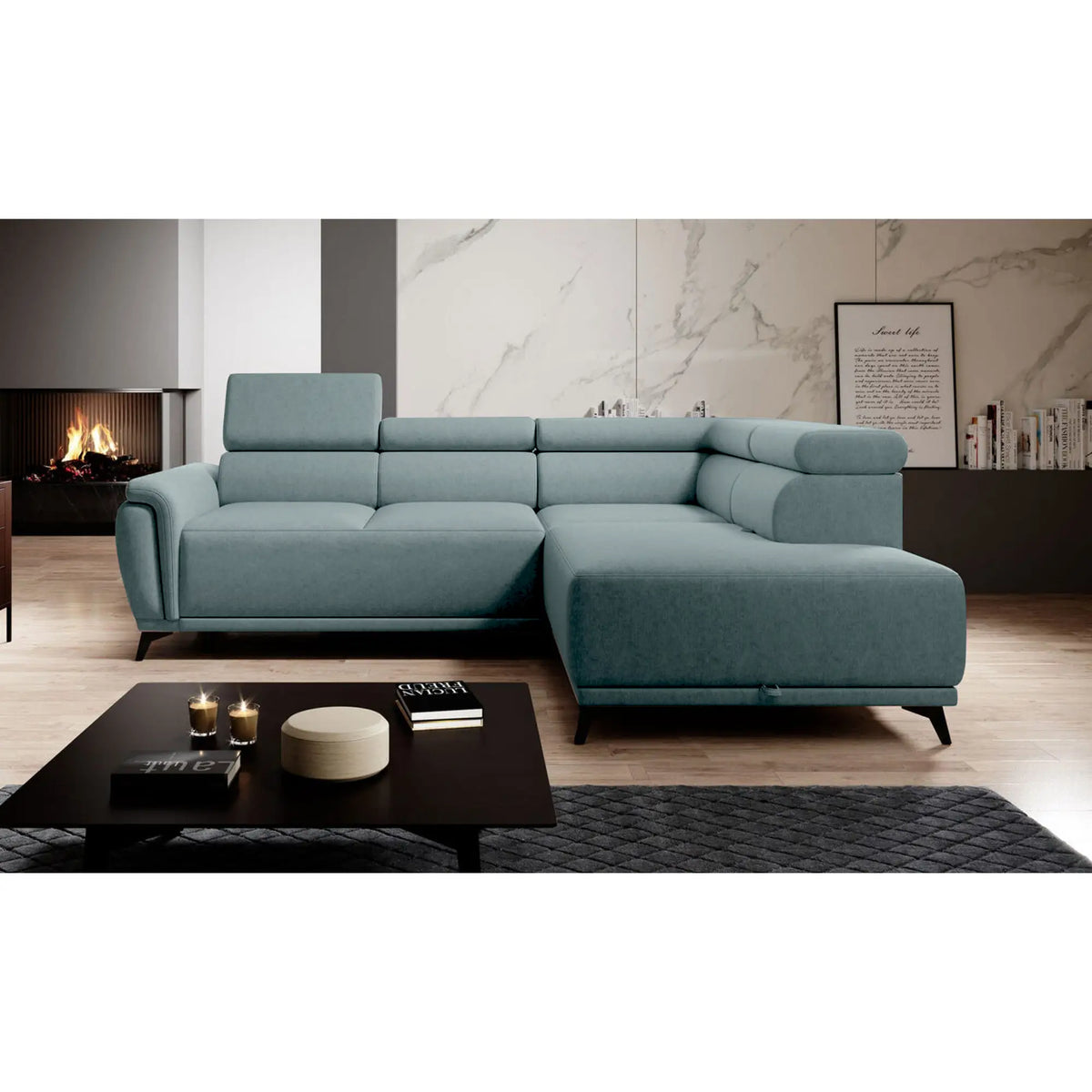 Coltar extensibil ATLANTA, personalizabil materiale gama Premium, cu lada depozitare si tetiere reglabile, 281x203x98 cm