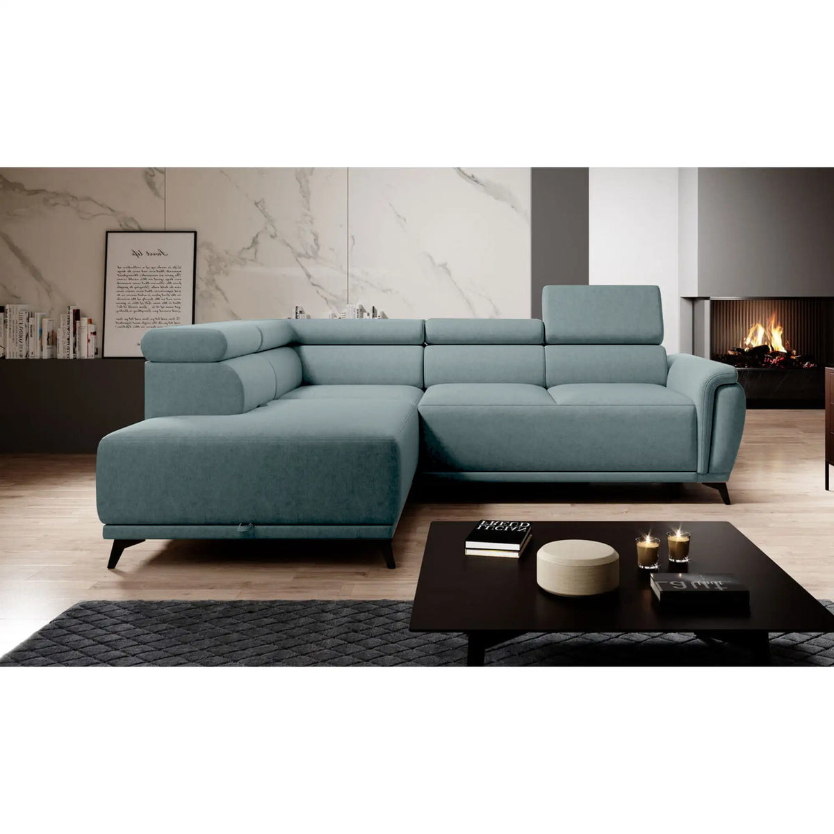 Coltar extensibil ATLANTA, personalizabil materiale gama Premium, cu lada depozitare si tetiere reglabile, 281x203x98 cm