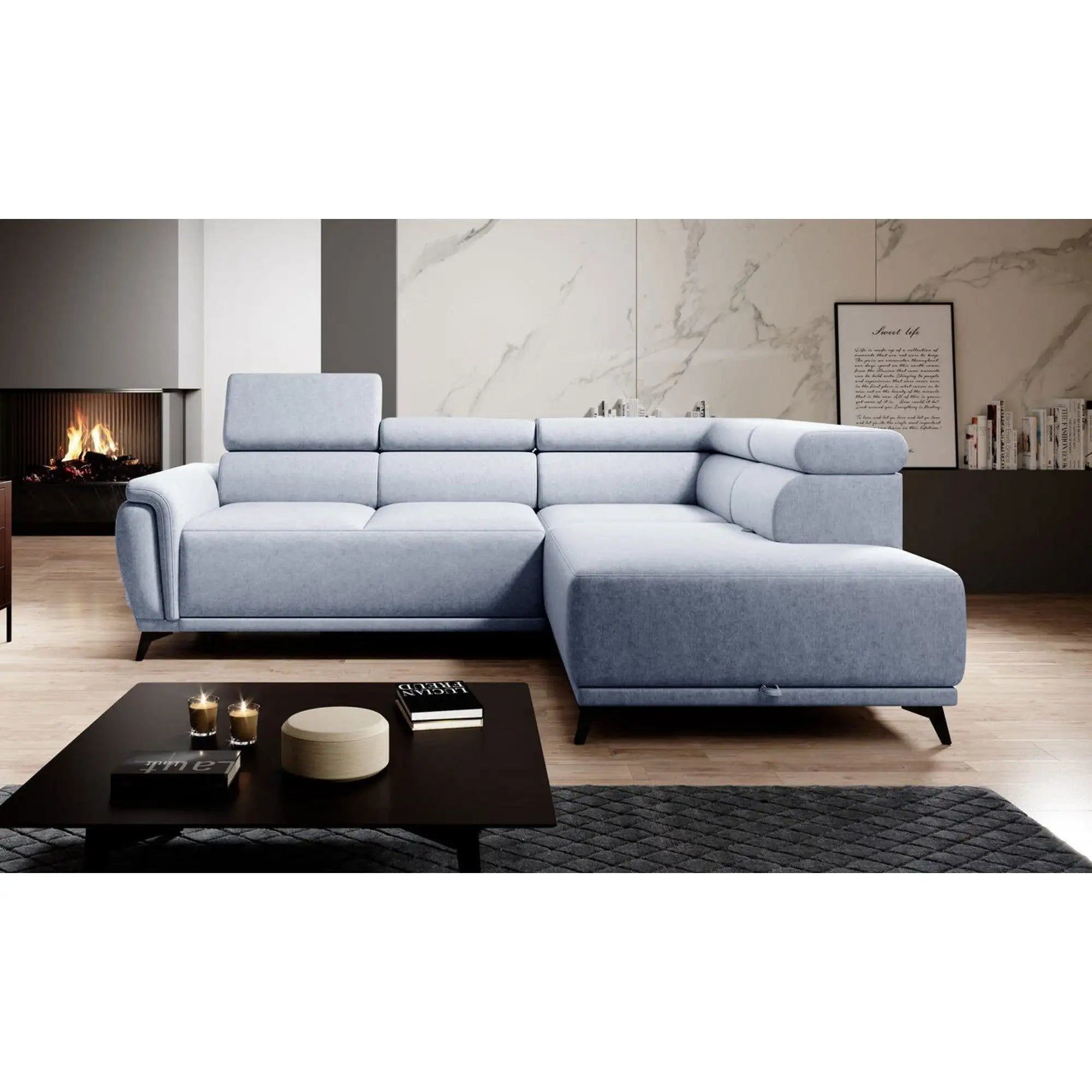 Coltar extensibil ATLANTA, sezlong dreapta, stofa catifelata albastru - Whisper 12, Gama Premium, cu lada depozitare si tetiere reglabile, 281x203x98 cm