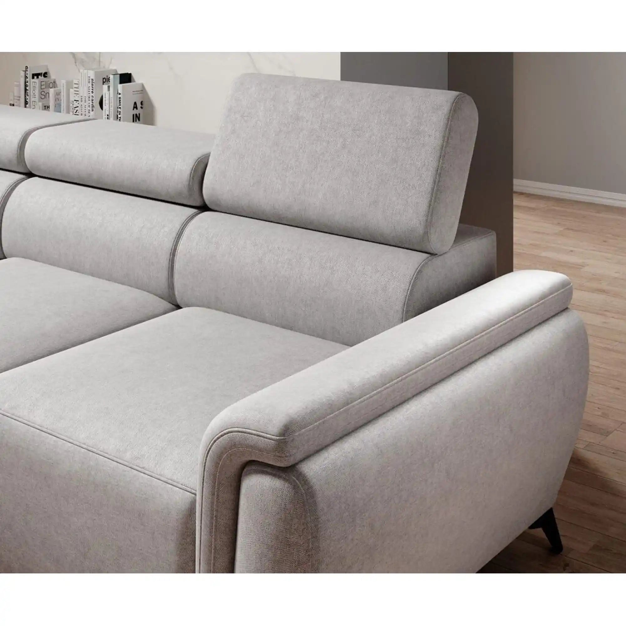 Coltar extensibil ATLANTA, sezlong dreapta, stofa catifelata albastru - Whisper 12, Gama Premium, cu lada depozitare si tetiere reglabile, 281x203x98 cm