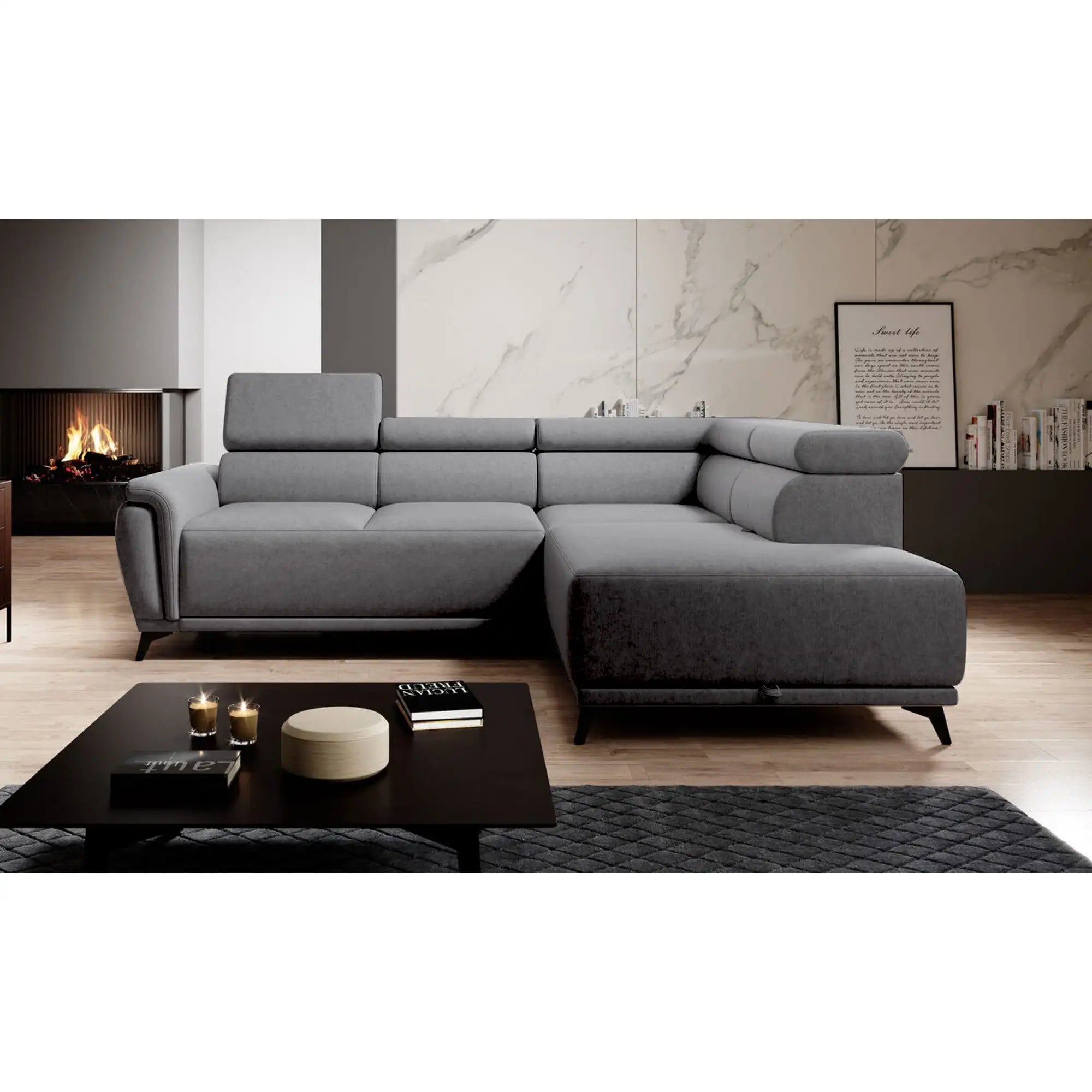 Coltar extensibil ATLANTA, sezlong dreapta, stofa catifelata gri - Riviera 91, Gama Premium, cu lada depozitare si tetiere reglabile, 281x203x98 cm