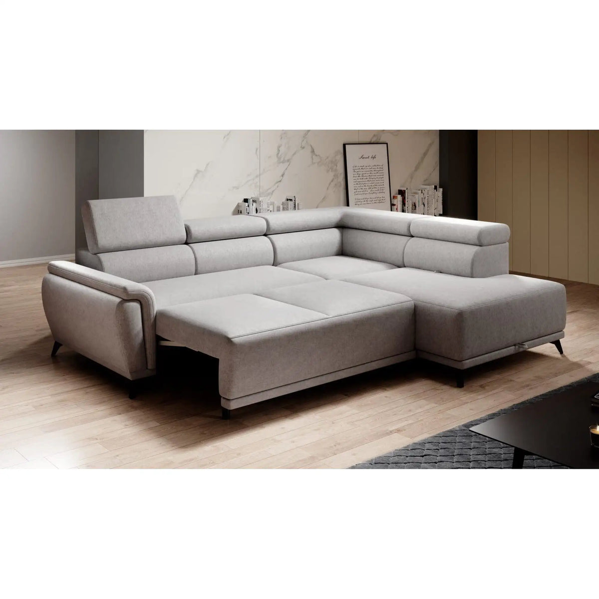 Coltar extensibil ATLANTA, sezlong dreapta, stofa catifelata gri - Riviera 91, Gama Premium, cu lada depozitare si tetiere reglabile, 281x203x98 cm