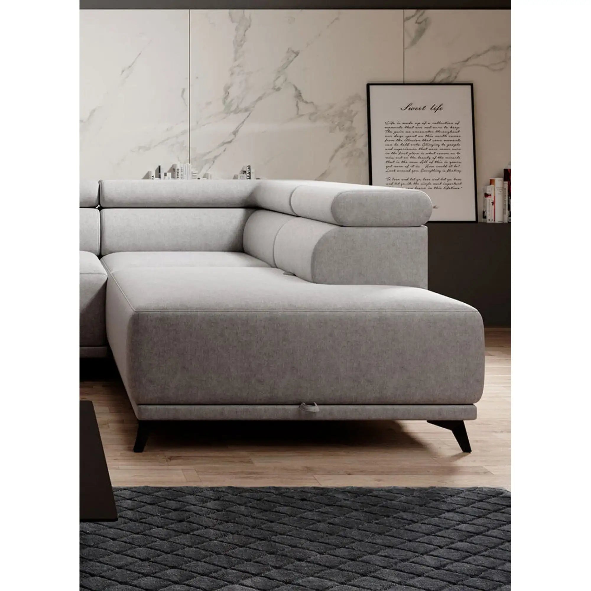 Coltar extensibil ATLANTA, sezlong dreapta, stofa catifelata gri - Riviera 91, Gama Premium, cu lada depozitare si tetiere reglabile, 281x203x98 cm