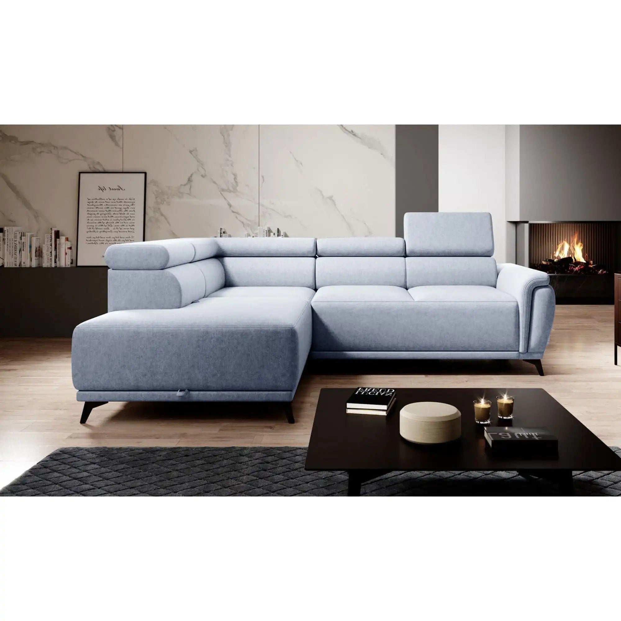 Coltar extensibil ATLANTA, sezlong stanga, stofa catifelata gri - Monolith 85, cu lada depozitare, 281x203x98 cm