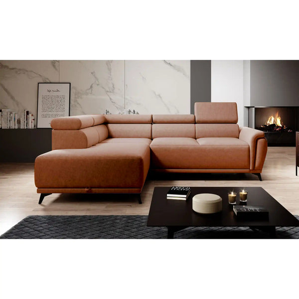 Coltar extensibil ATLANTA, sezlong stanga, stofa catifelata gri - Salvador 14, Gama Premium, cu lada depozitare si tetiere reglabile, 281x203x98 cm