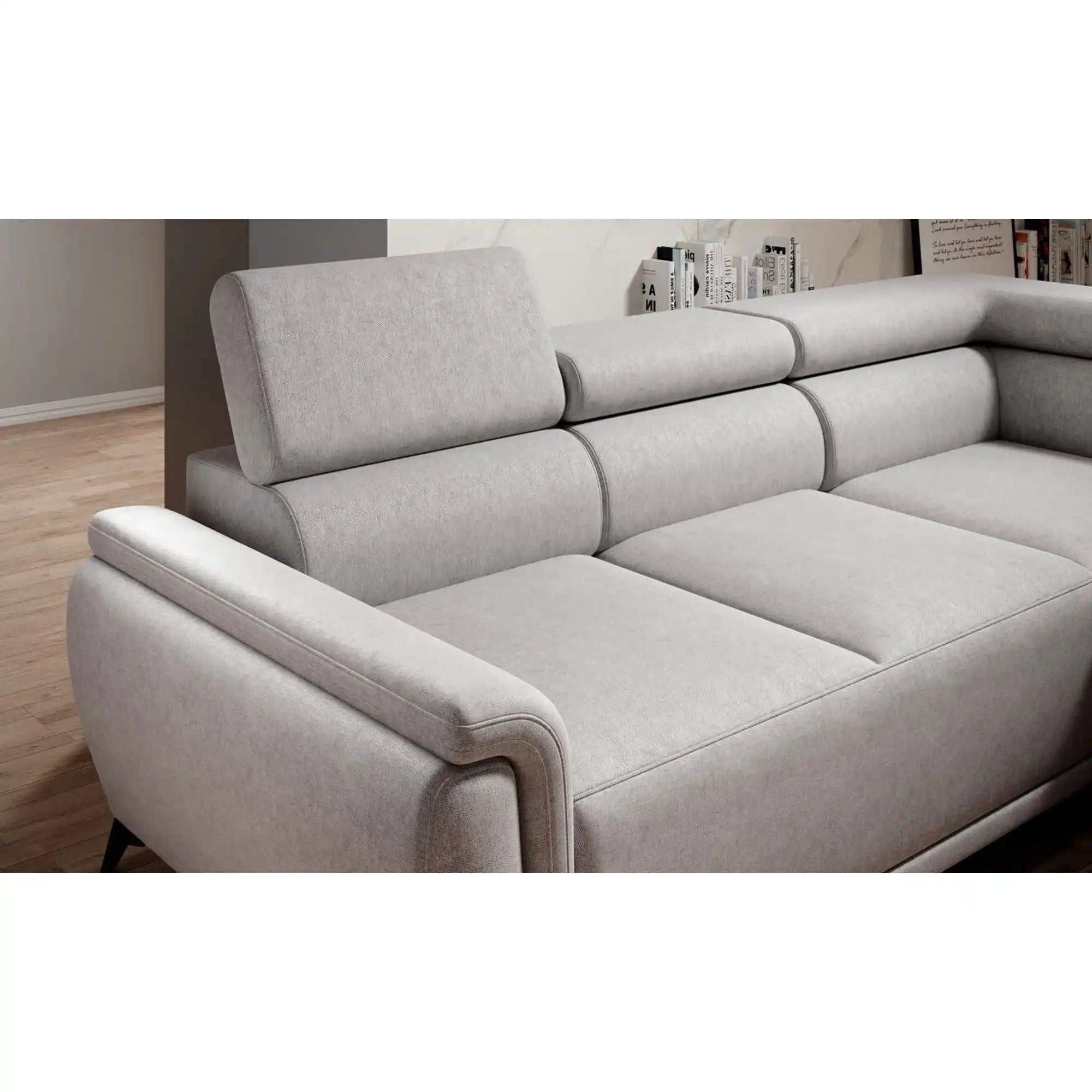 Coltar extensibil ATLANTA, sezlong stanga, stofa catifelata gri - Salvador 14, Gama Premium, cu lada depozitare si tetiere reglabile, 281x203x98 cm