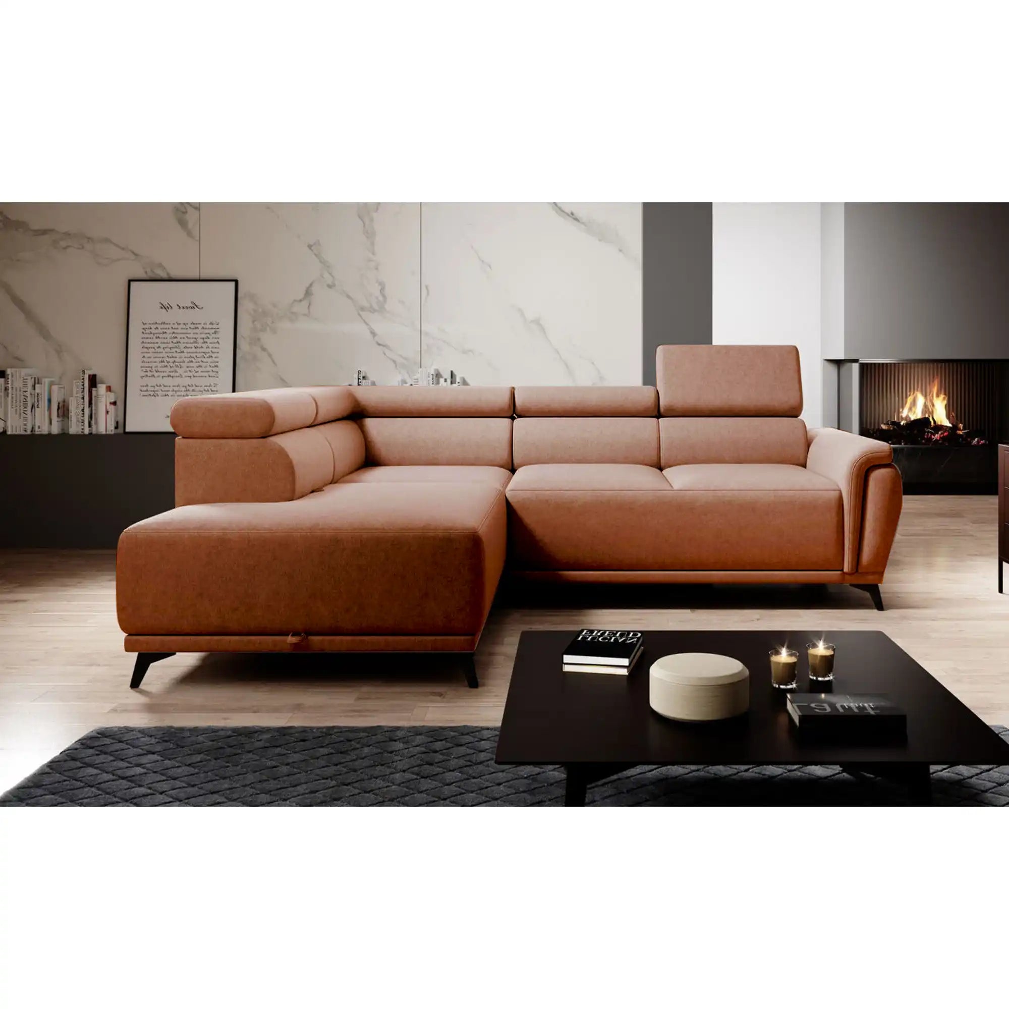 Coltar extensibil ATLANTA, sezlong stanga, stofa catifelata maro deschis - Palladium 4, Gama Premium, cu lada depozitare si tetiere reglabile, 281x203x98 cm