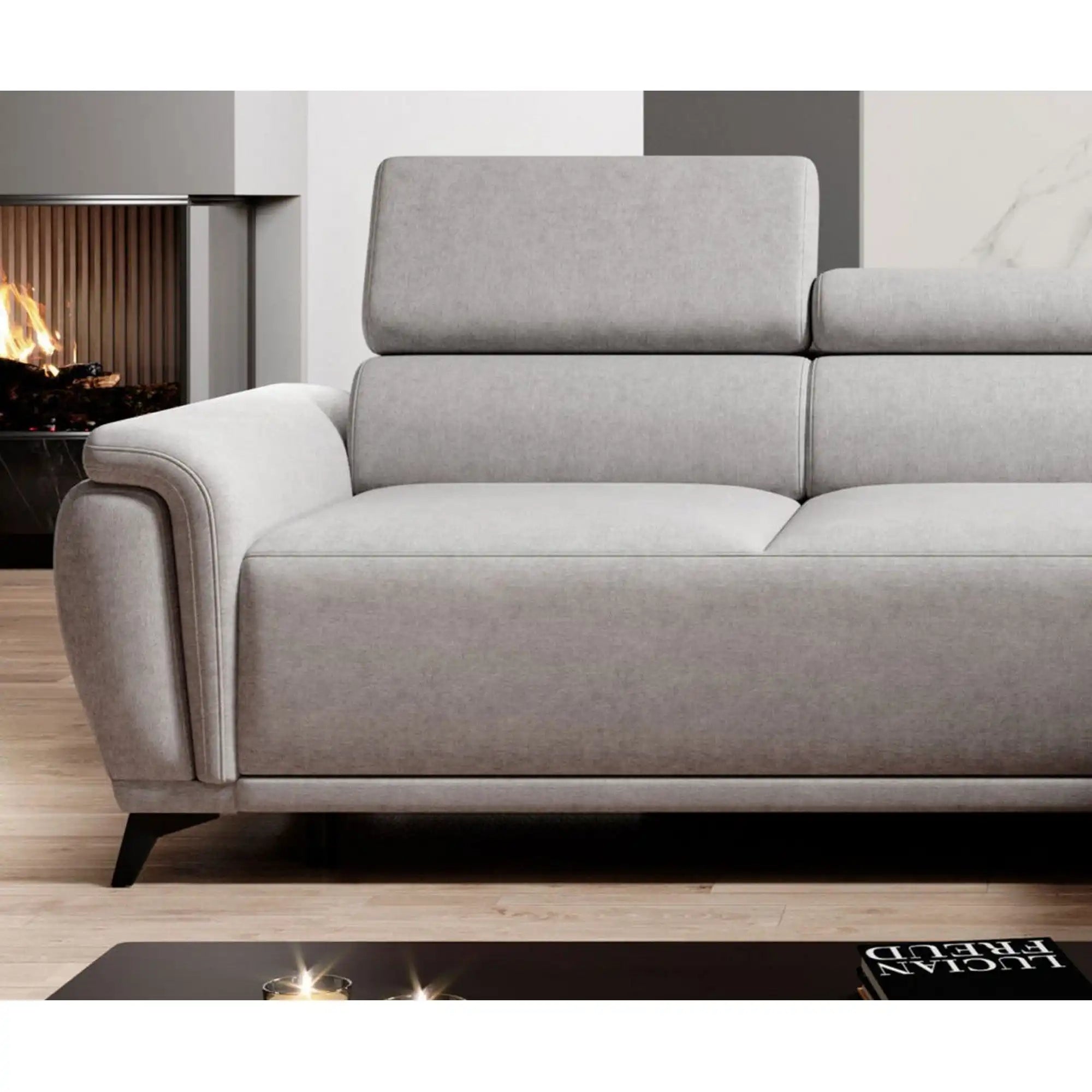 Coltar extensibil ATLANTA, sezlong stanga, stofa catifelata maro deschis - Palladium 4, Gama Premium, cu lada depozitare si tetiere reglabile, 281x203x98 cm