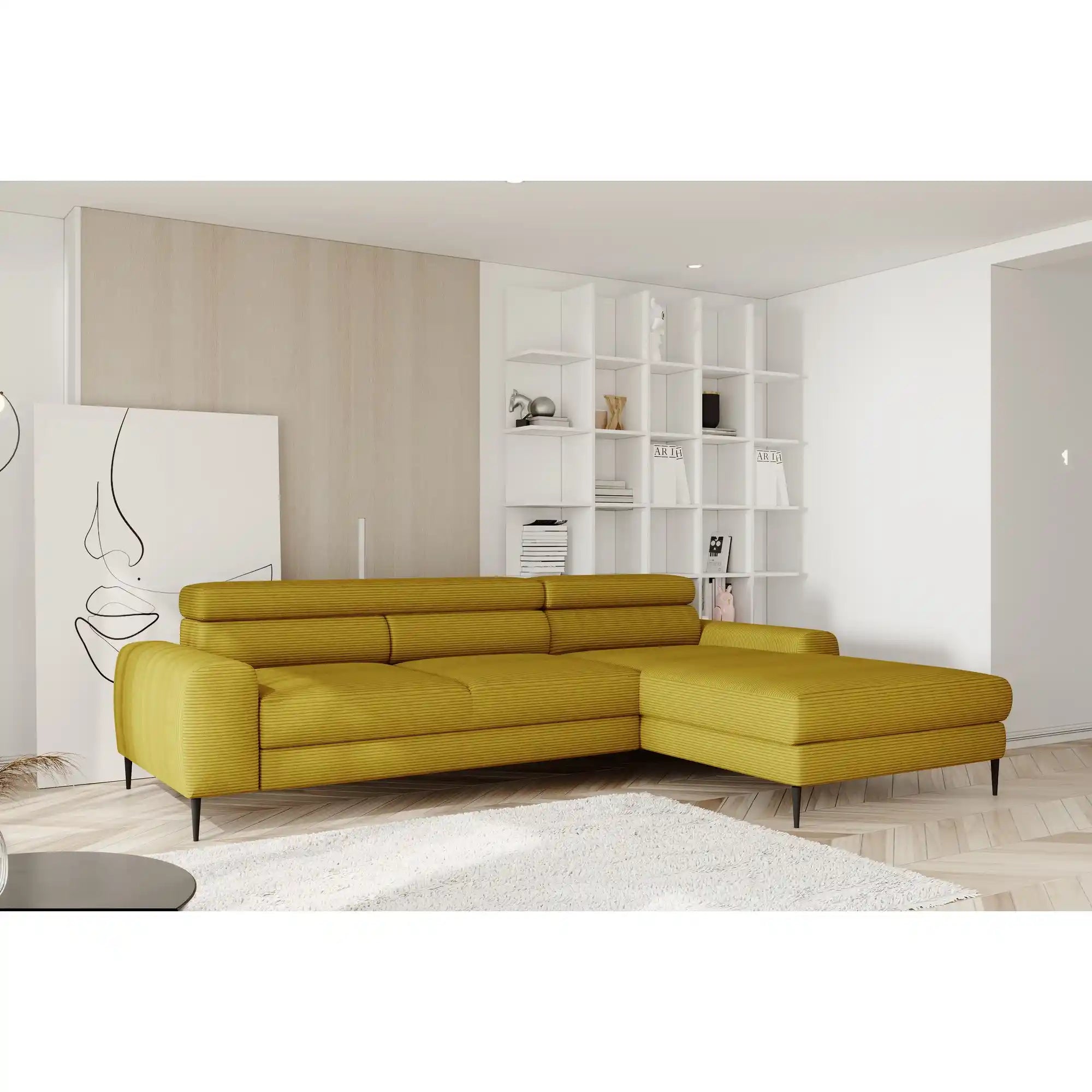 Coltar extensibil CALCIO MINI, personalizabil materiale Gama Premium, cu lada depozitare si tetiere reglabile, 240x165x86 cm