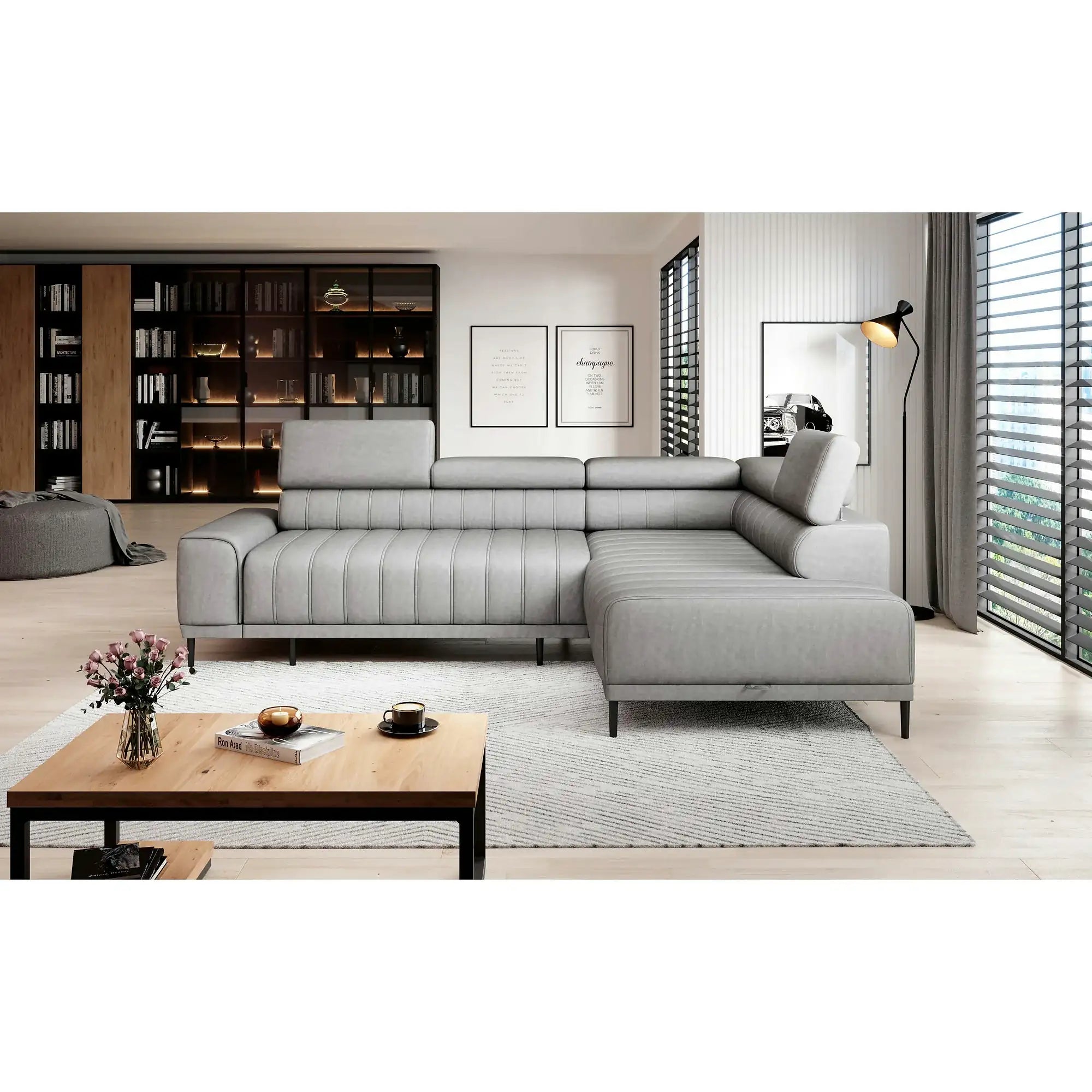Coltar extensibil CALDO L, personalizabil, cu lada depozitare si tetiere reglabile, 268x200x99 cm