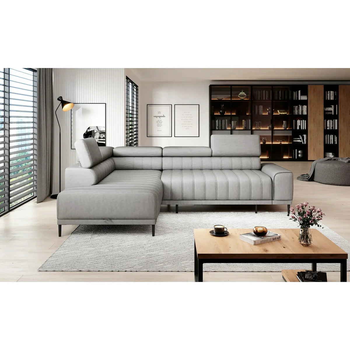 Coltar extensibil CALDO L, personalizabil, cu lada depozitare si tetiere reglabile, 268x200x99 cm