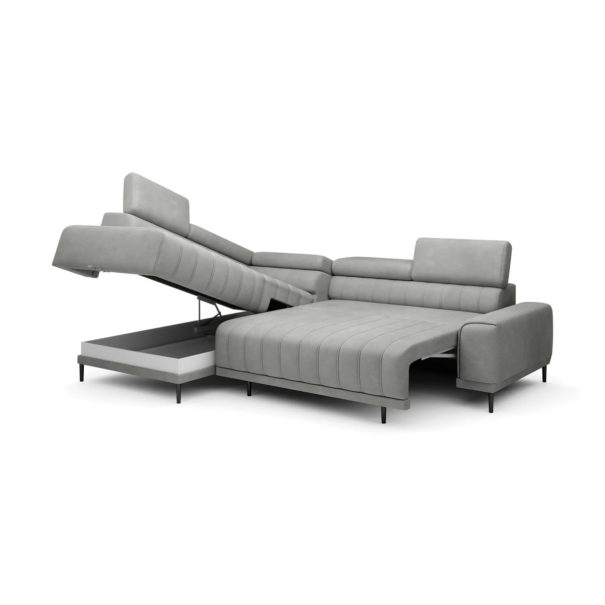 Coltar extensibil CALDO L, personalizabil, cu lada depozitare si tetiere reglabile, 268x200x99 cm