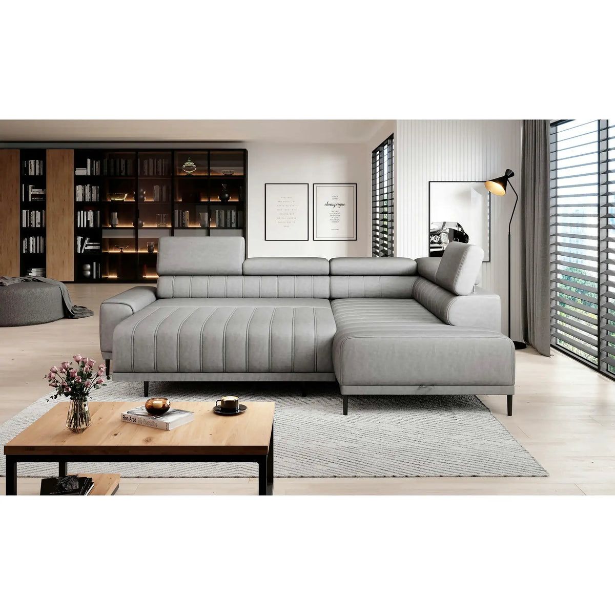 Coltar extensibil CALDO L, personalizabil, cu lada depozitare si tetiere reglabile, 268x200x99 cm