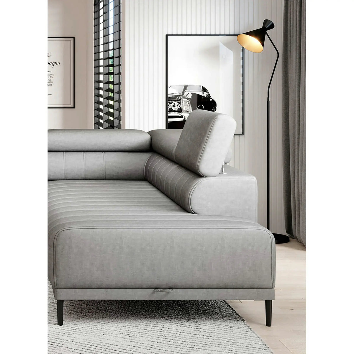 Coltar extensibil CALDO L, personalizabil, cu lada depozitare si tetiere reglabile, 268x200x99 cm