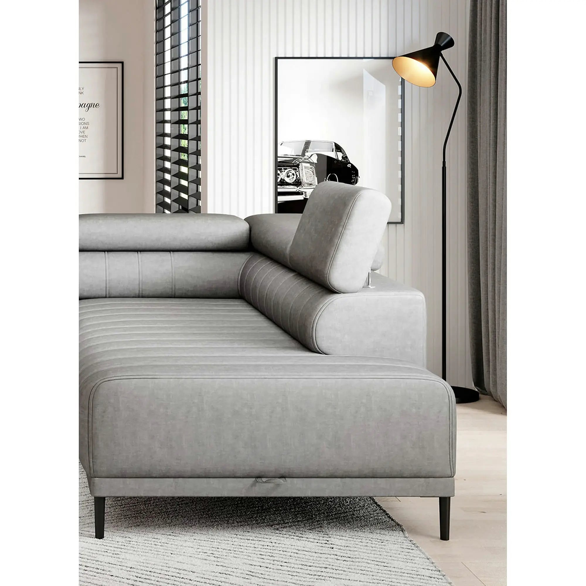 Coltar extensibil CALDO L, personalizabil, cu lada depozitare si tetiere reglabile, 268x200x99 cm
