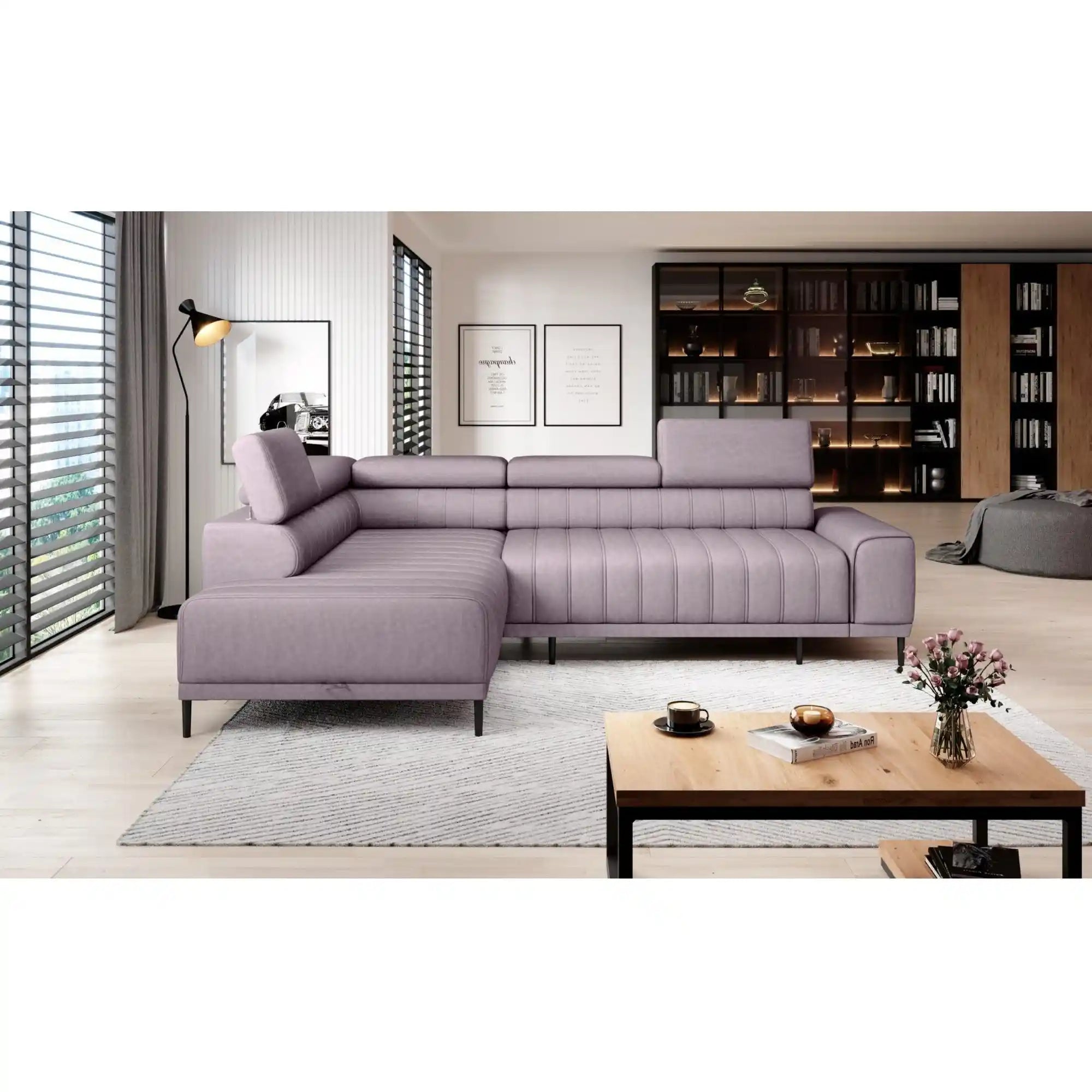 Coltar extensibil CALDO L, personalizabil materiale gama Oferta Avantaj, cu lada depozitare si tetiere reglabile, 268x200x99 cm