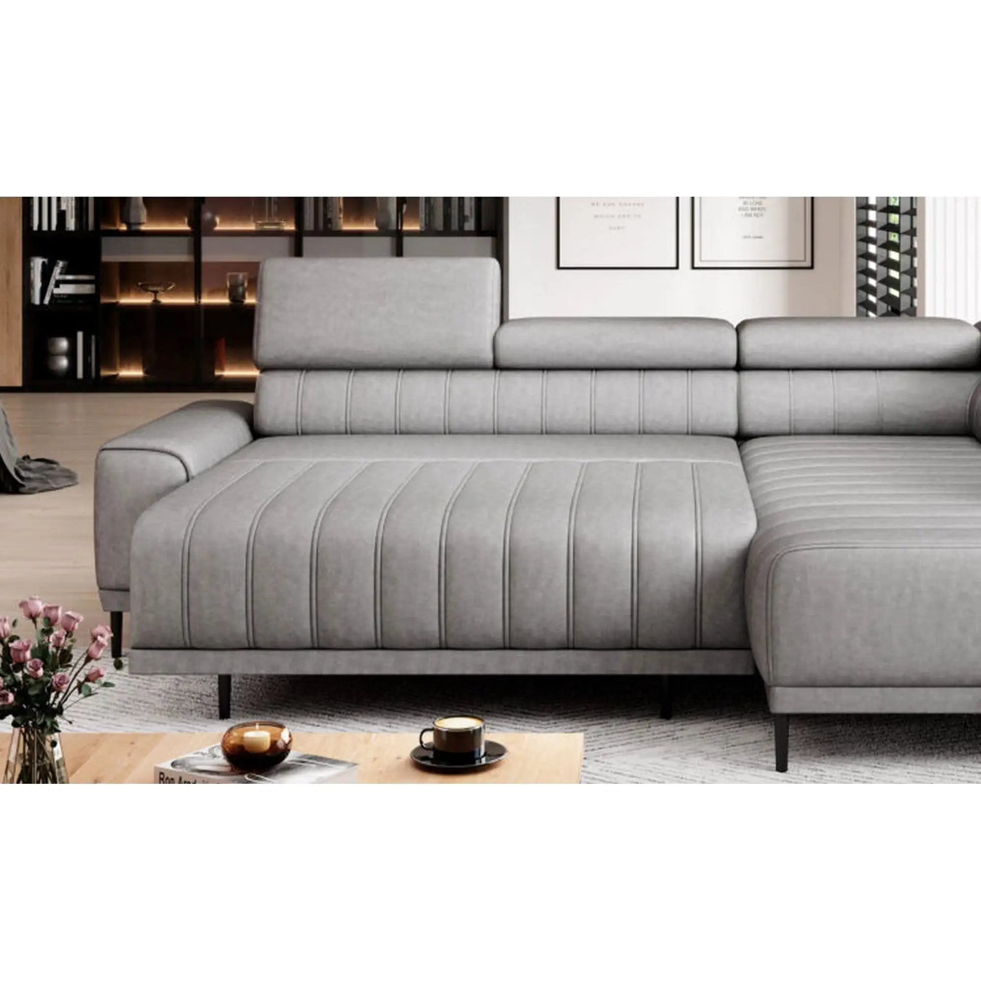 Coltar extensibil CALDO L, personalizabil materiale gama Oferta Avantaj, cu lada depozitare si tetiere reglabile, 268x200x99 cm