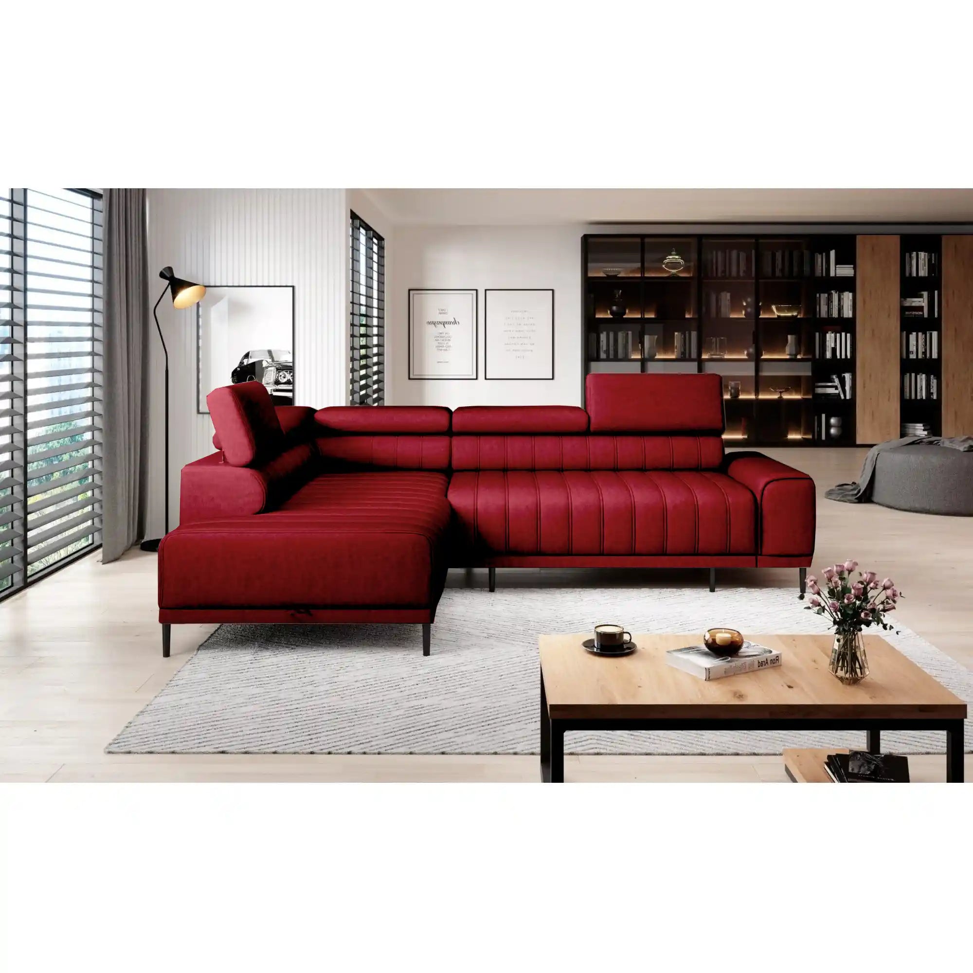 Coltar extensibil CALDO L, personalizabil materiale gama Premium, cu lada depozitare si tetiere reglabile, 268x200x99 cm