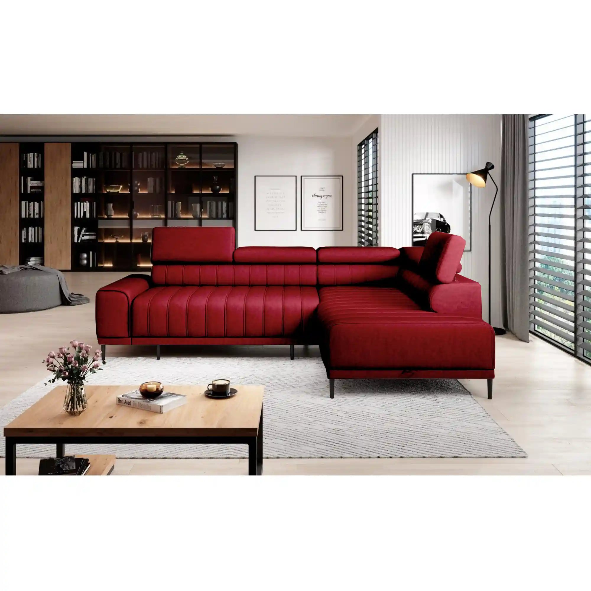 Coltar extensibil CALDO L, personalizabil materiale gama Premium, cu lada depozitare si tetiere reglabile, 268x200x99 cm