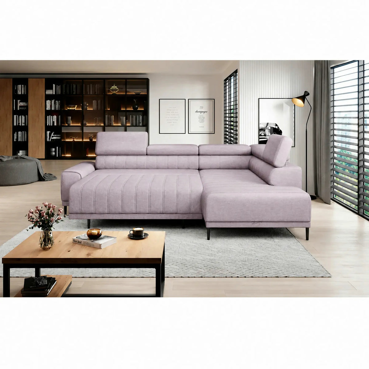 Coltar extensibil CALDO L, sezlong dreapta, stofa catifelata mov lila - Monolith 62, cu lada depozitare si tetiere reglabile,  268x200x99 cm