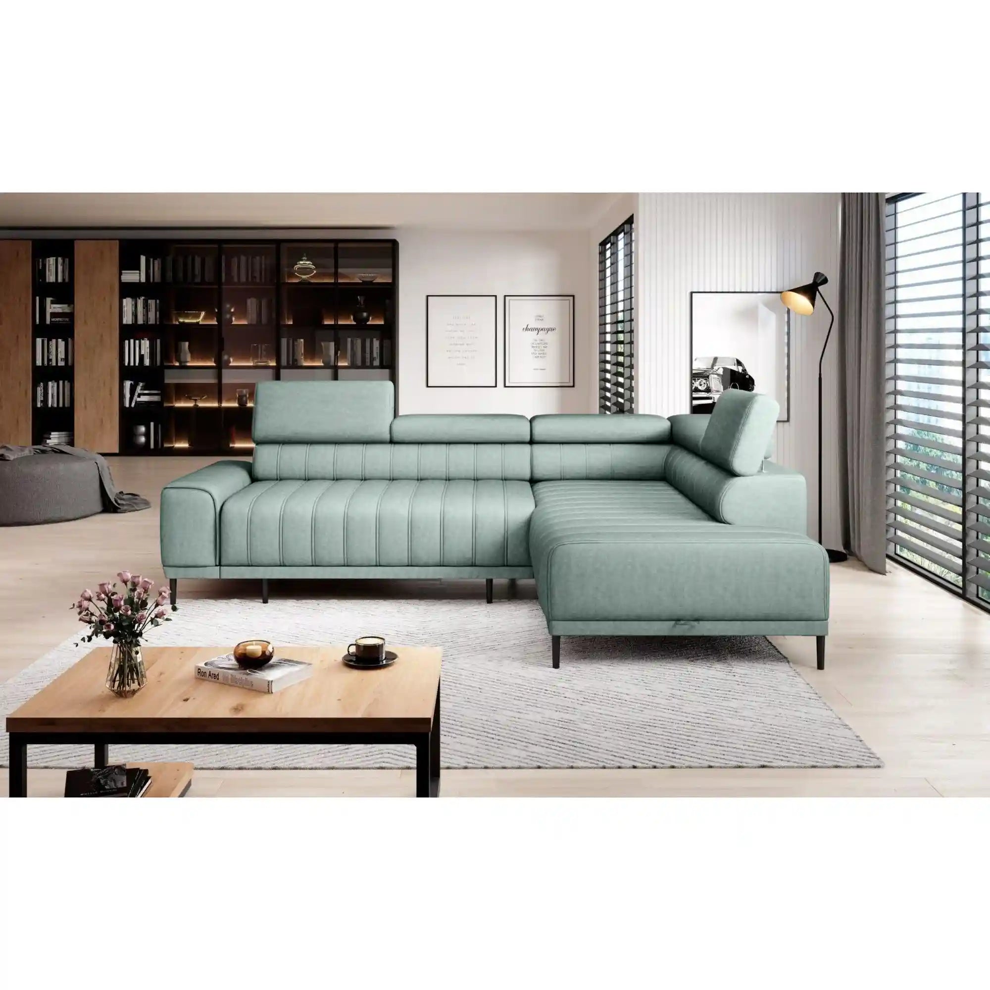 Coltar extensibil CALDO L, sezlong dreapta, stofa catifelata mov lila - Monolith 62, cu lada depozitare si tetiere reglabile,  268x200x99 cm