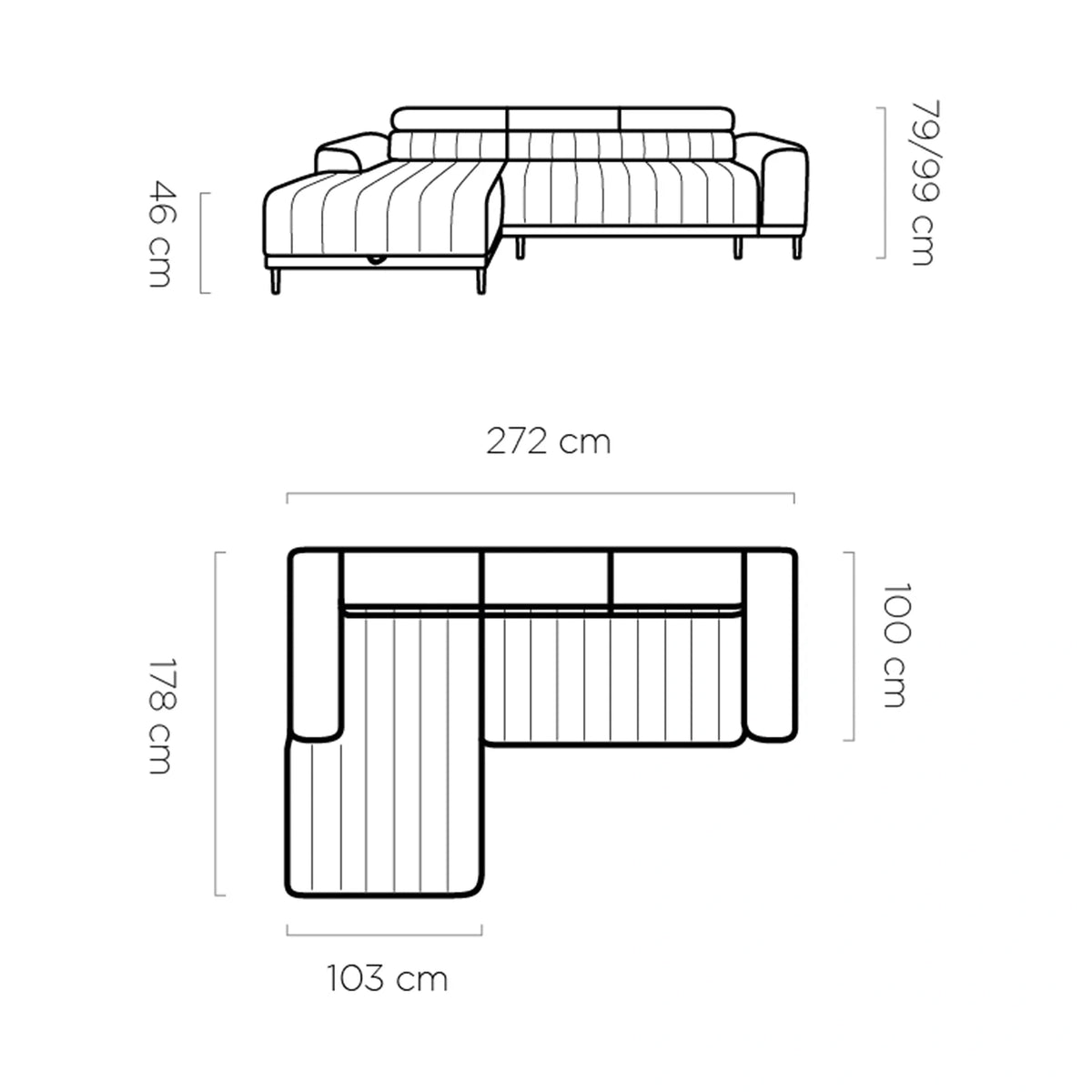 Coltar extensibil CALDO MINI, personalizabil, cu lada depozitare si tetiere reglabile, 272x178x99 cm