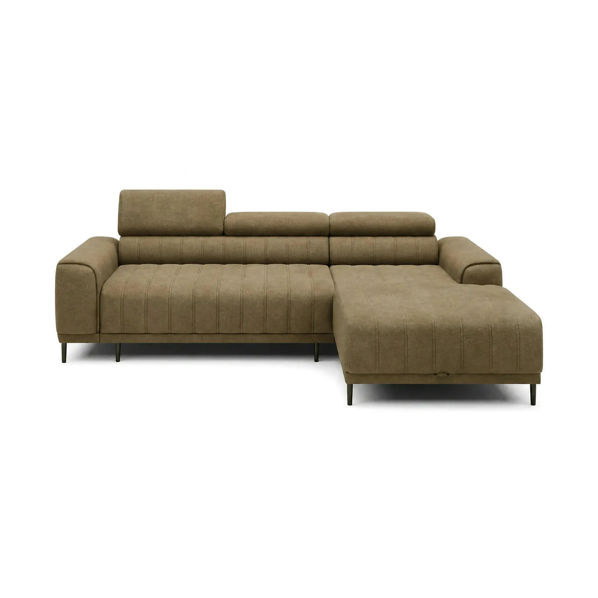 Coltar extensibil CALDO MINI, sezlong dreapta, stofa catifelata verde olive - Salvador 10, cu lada depozitare si tetiere reglabile, 272x178x99 cm