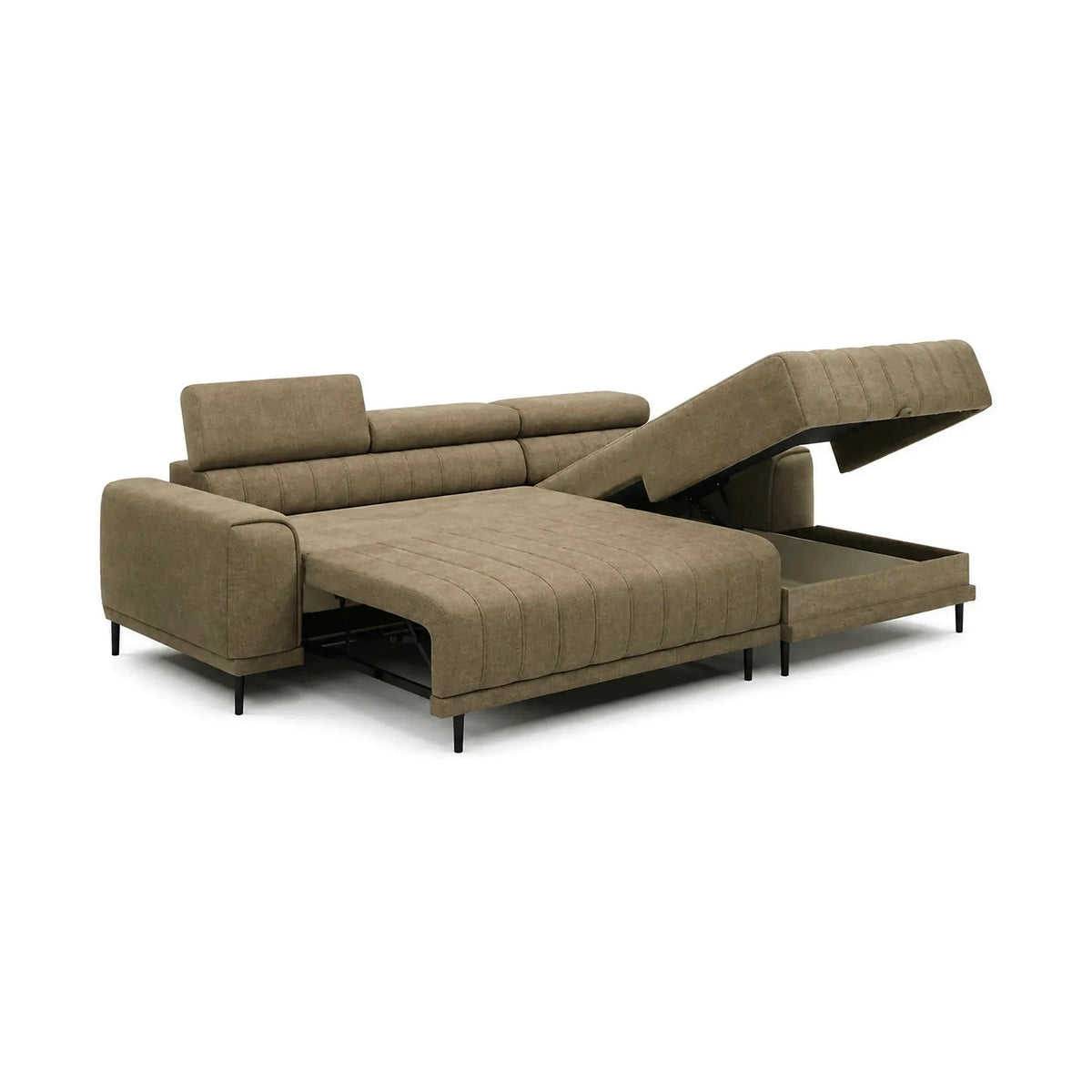 Coltar extensibil CALDO MINI, sezlong dreapta, stofa catifelata verde olive - Salvador 10, cu lada depozitare si tetiere reglabile, 272x178x99 cm