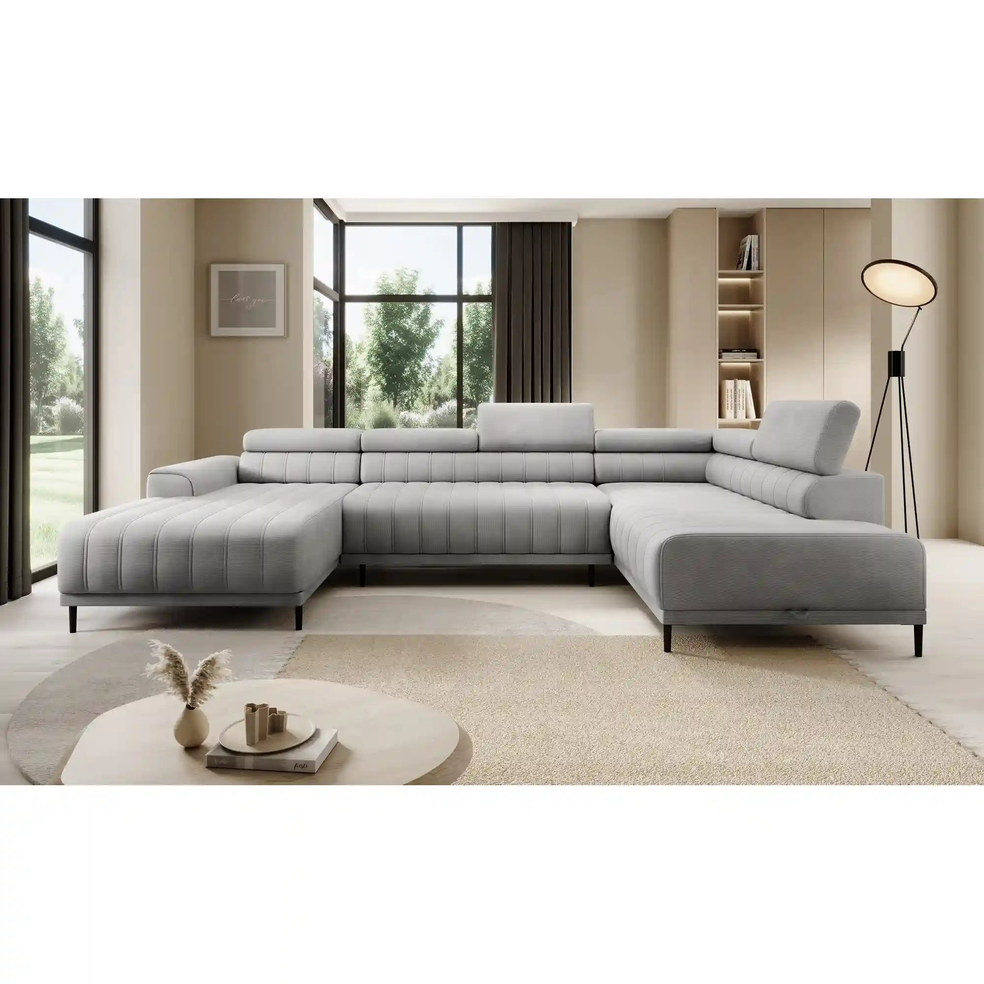 Coltar extensibil CALDO XL, sezlong dreapta, stofa catifelata gri - Riviera 91, Gama Premium, cu lada depozitare si tetiere reglabile, 342x200x99 cm