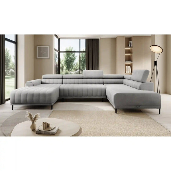 Coltar extensibil CALDO XL, sezlong dreapta, stofa catifelata gri - Riviera 91, Gama Premium, cu lada depozitare si tetiere reglabile, 342x200x99 cm