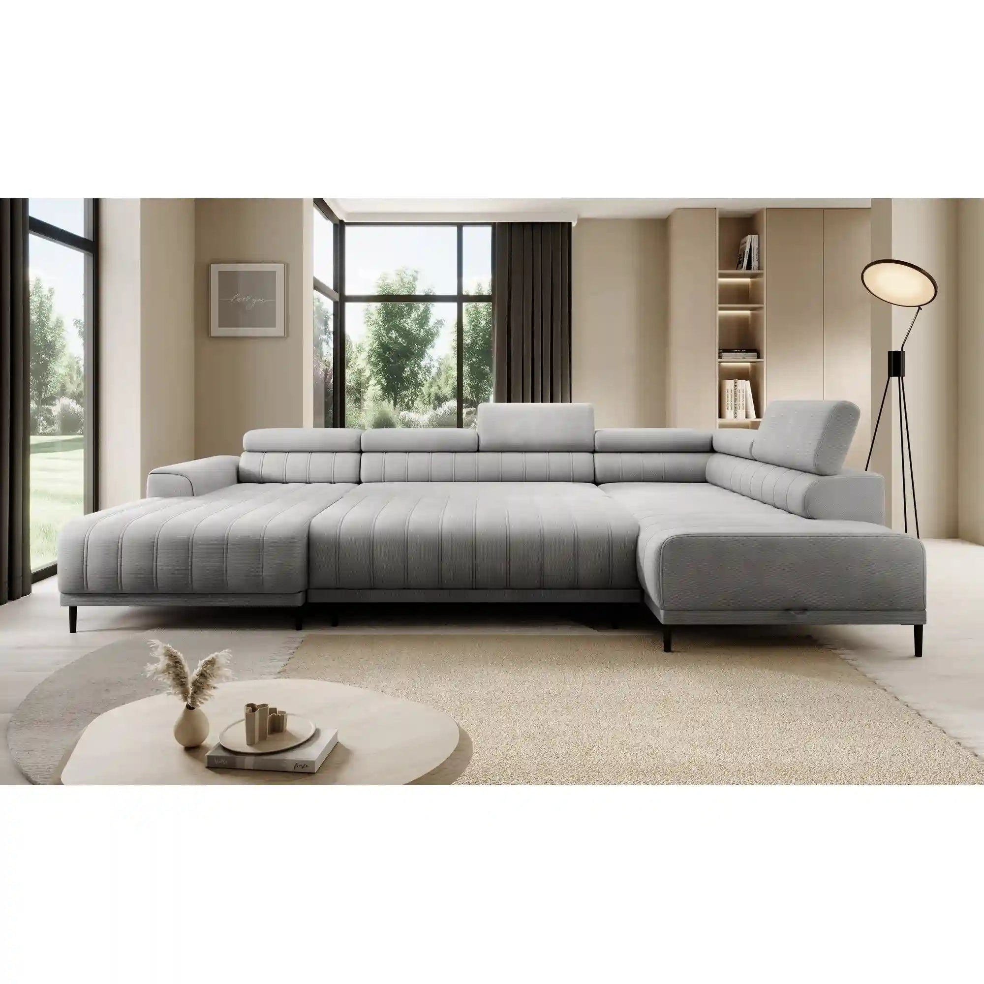 Coltar extensibil CALDO XL, sezlong dreapta, stofa catifelata gri - Riviera 91, Gama Premium, cu lada depozitare si tetiere reglabile, 342x200x99 cm