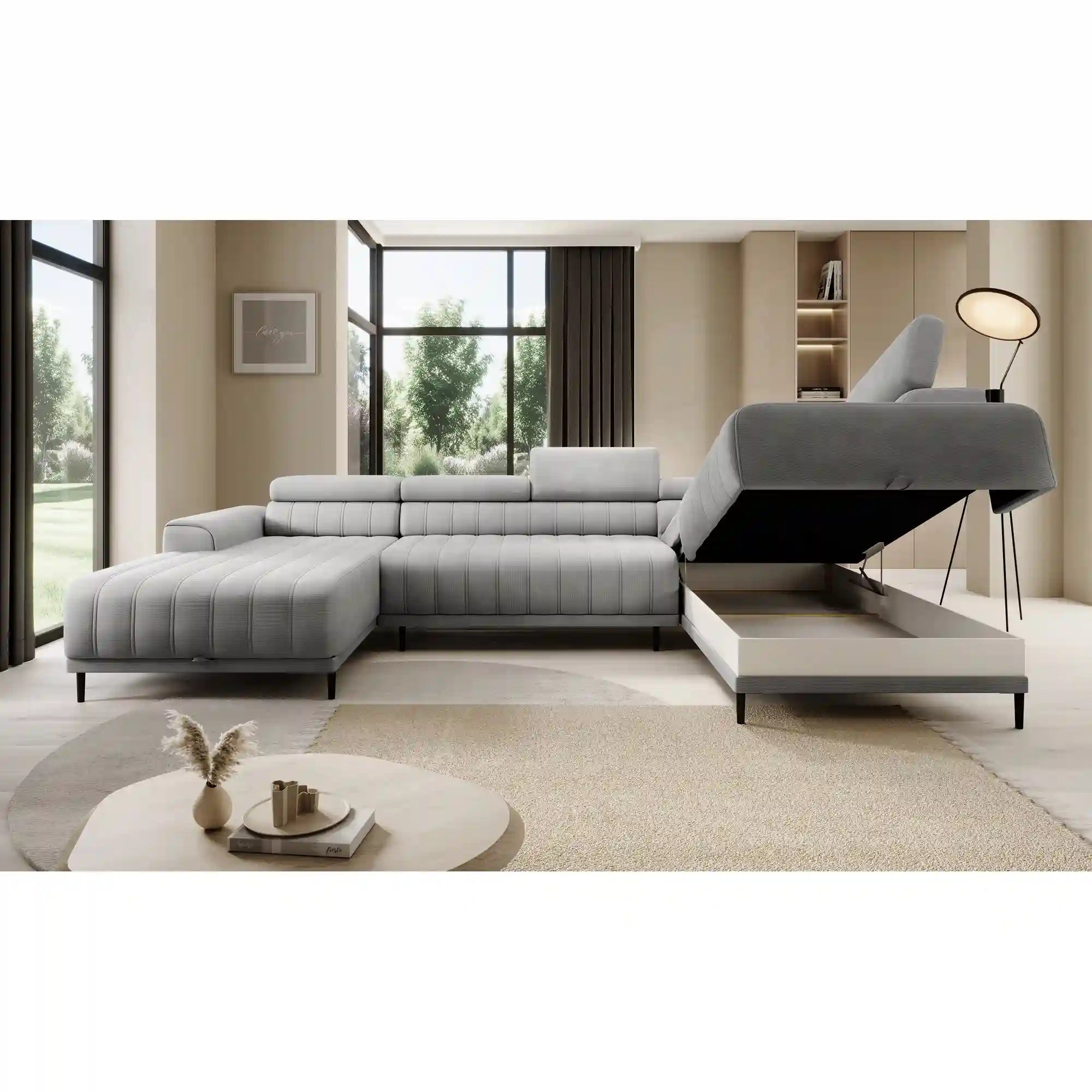 Coltar extensibil CALDO XL, sezlong dreapta, stofa catifelata gri - Riviera 91, Gama Premium, cu lada depozitare si tetiere reglabile, 342x200x99 cm