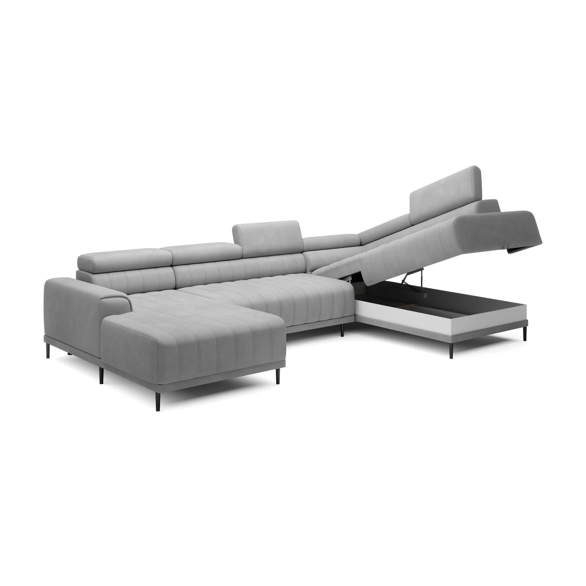 Coltar extensibil CALDO XL, sezlong dreapta, stofa catifelata gri - Riviera 91, Gama Premium, cu lada depozitare si tetiere reglabile, 342x200x99 cm