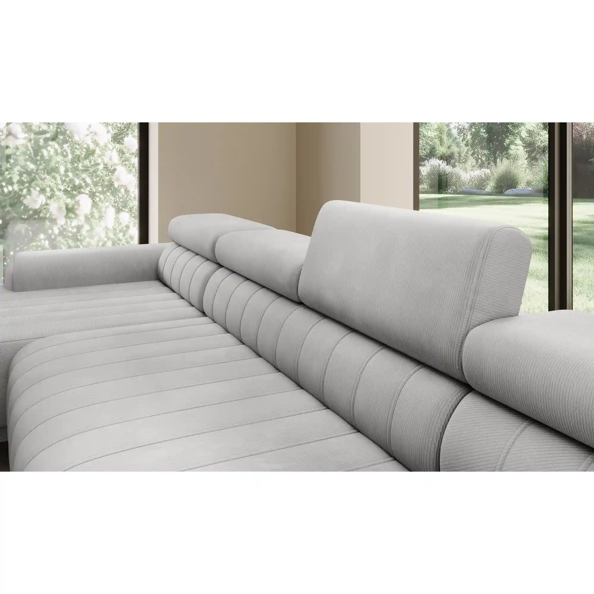 Coltar extensibil CALDO XL, sezlong dreapta, stofa catifelata gri - Riviera 91, Gama Premium, cu lada depozitare si tetiere reglabile, 342x200x99 cm