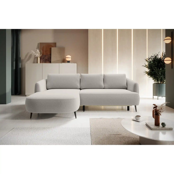 Coltar extensibil CANDY, sezlong stanga, stofa catifelata gri - Whisper 16, Gama Premium, cu lada depozitare, 256x166x85 cm