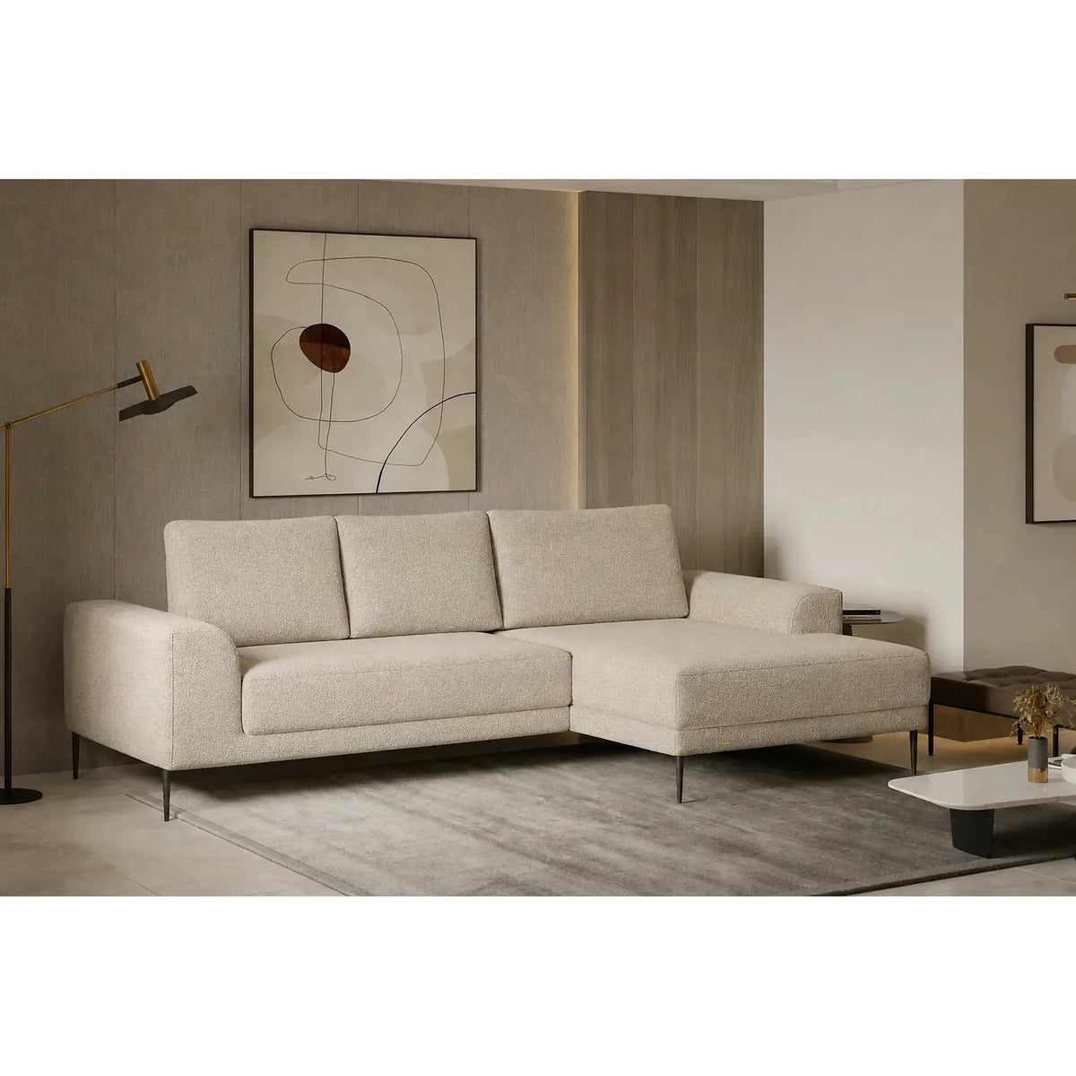 Coltar extensibil CAPITOL, sezlong dreapta, stofa buclata bej - Now or never 03, cu lada depozitare, 276x175x89 cm