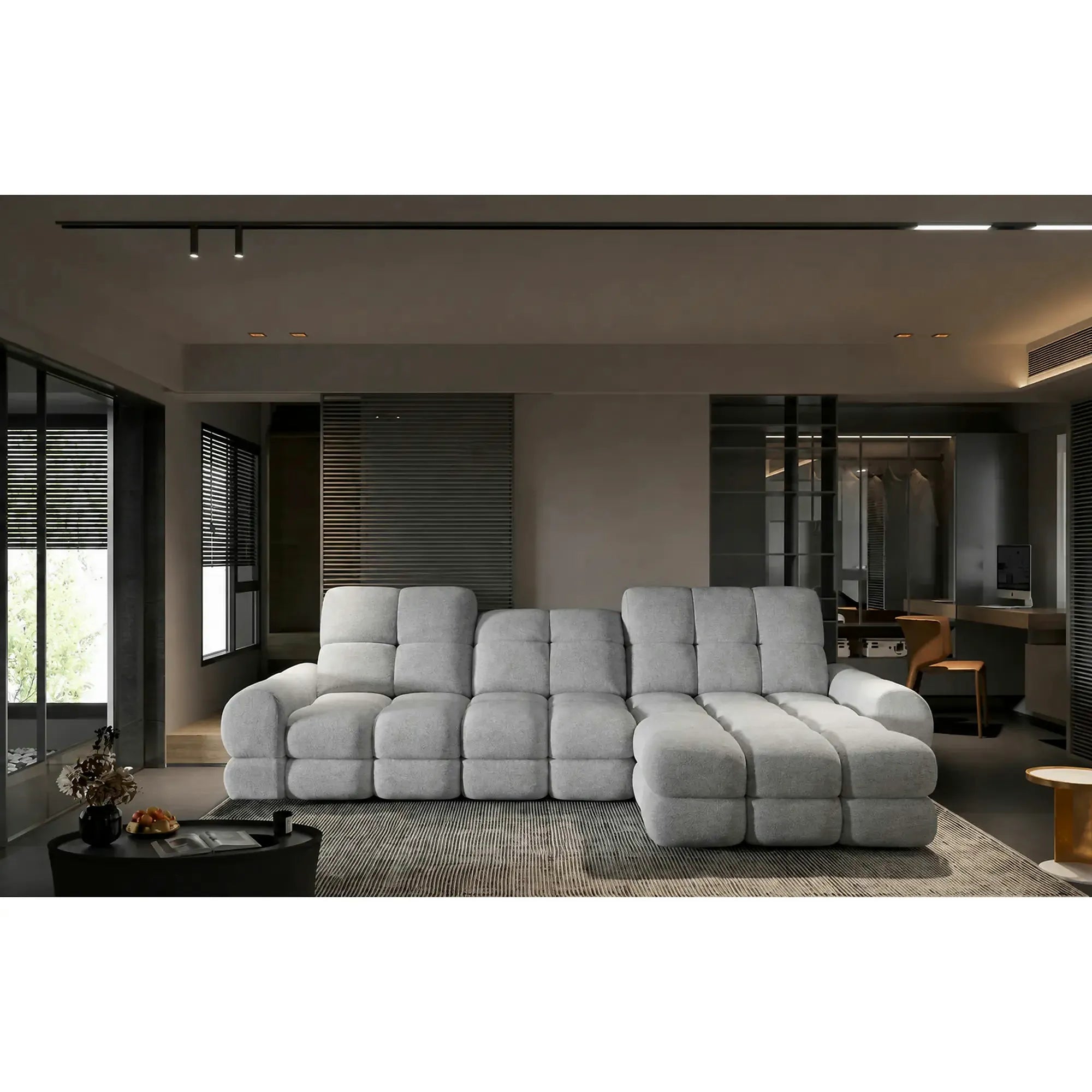 Coltar extensibil confortabil TOLLO MINI, sezlong dreapta, stofa catifelata gri - Element 24, cu lada depozitare si reglaj electric, 283x171x105 cm