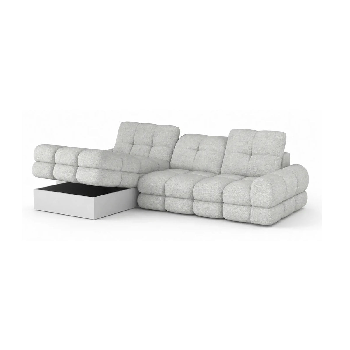Coltar extensibil confortabil TOLLO MINI, sezlong dreapta, stofa catifelata gri - Element 24, cu lada depozitare si reglaj electric, 283x171x105 cm