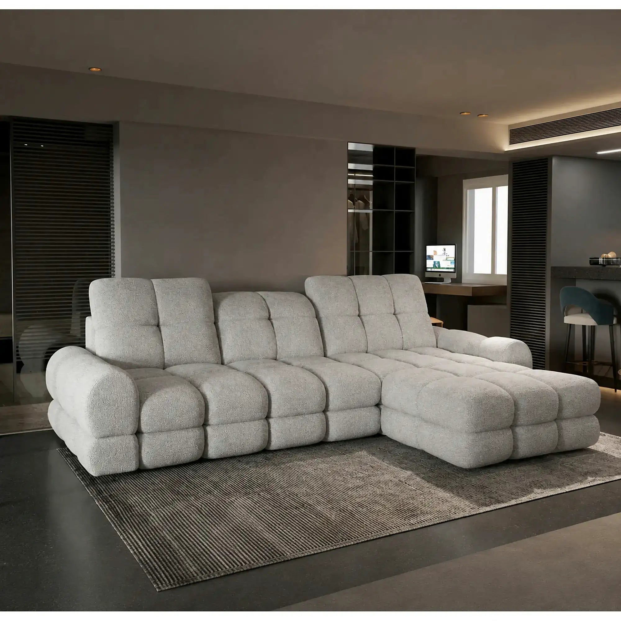 Coltar extensibil confortabil TOLLO MINI, sezlong dreapta, stofa catifelata gri - Element 24, cu lada depozitare si reglaj electric, 283x171x105 cm