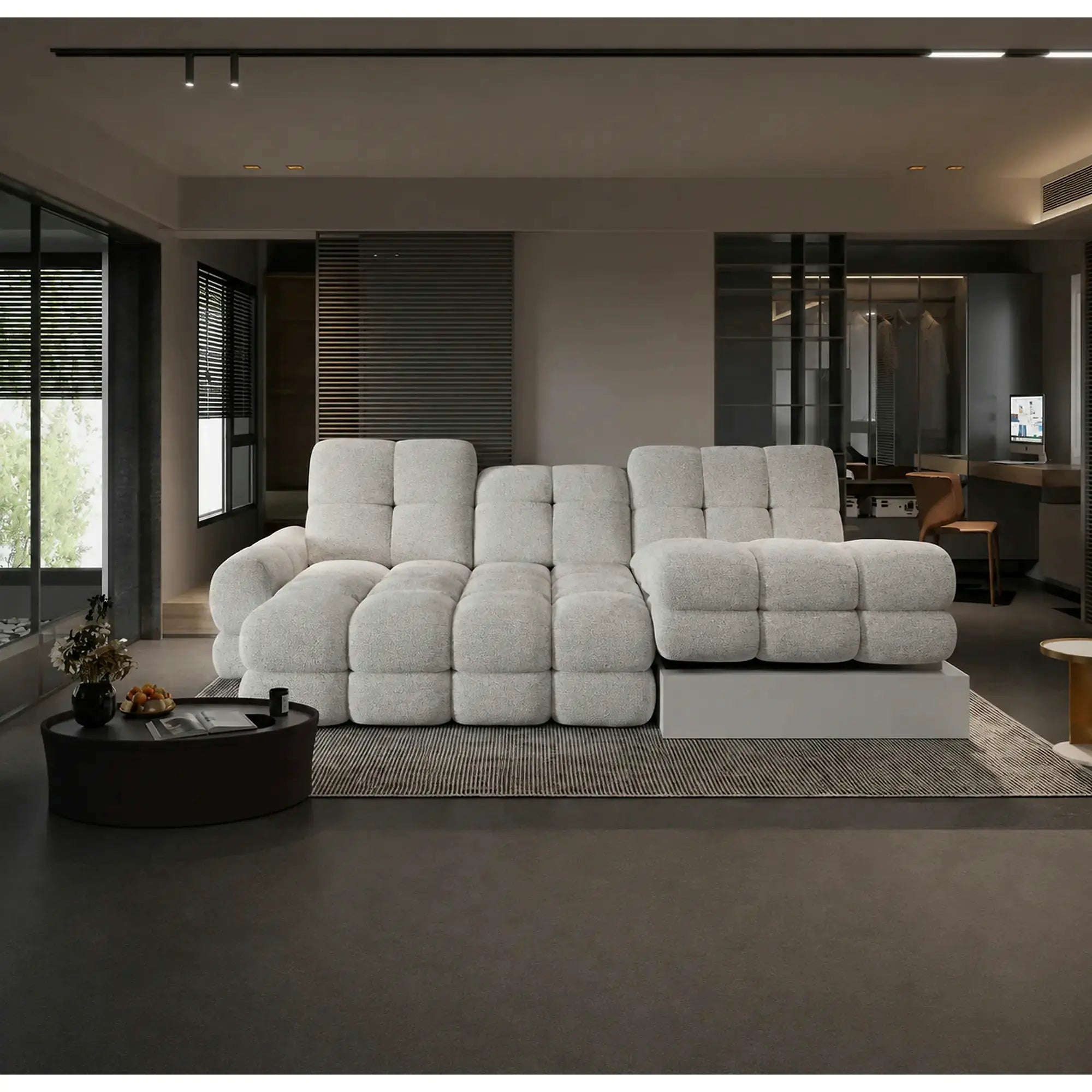 Coltar extensibil confortabil TOLLO MINI, sezlong dreapta, stofa catifelata gri - Element 24, cu lada depozitare si reglaj electric, 283x171x105 cm