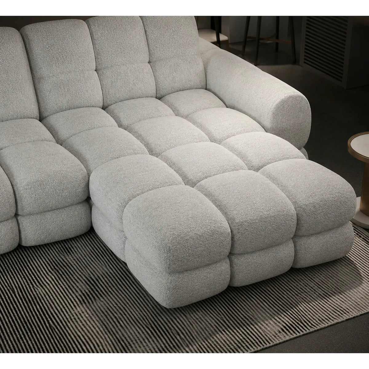 Coltar extensibil confortabil TOLLO MINI, sezlong dreapta, stofa catifelata gri - Element 24, cu lada depozitare si reglaj electric, 283x171x105 cm