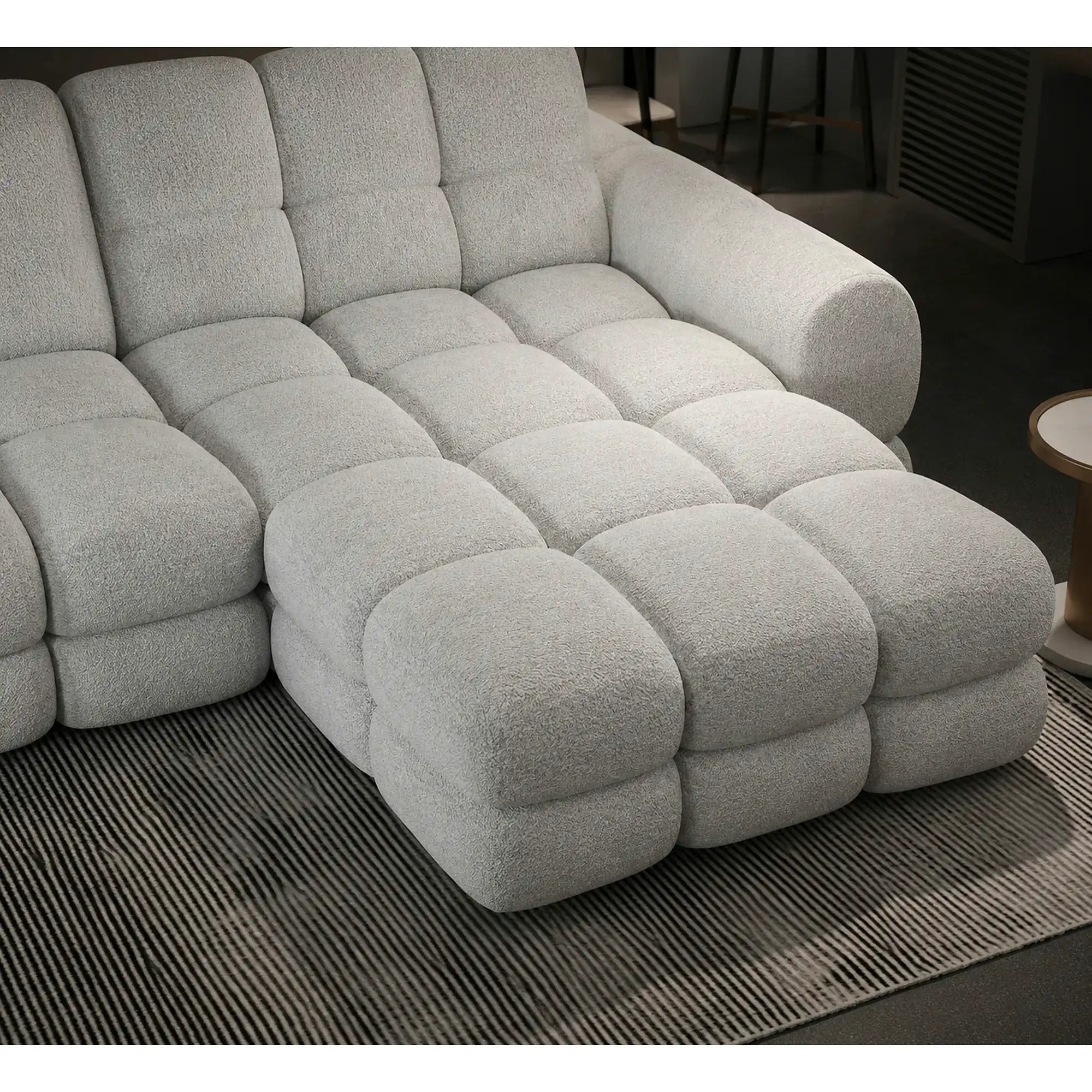 Coltar extensibil confortabil TOLLO MINI, sezlong dreapta, stofa catifelata gri - Element 24, cu lada depozitare si reglaj electric, 283x171x105 cm