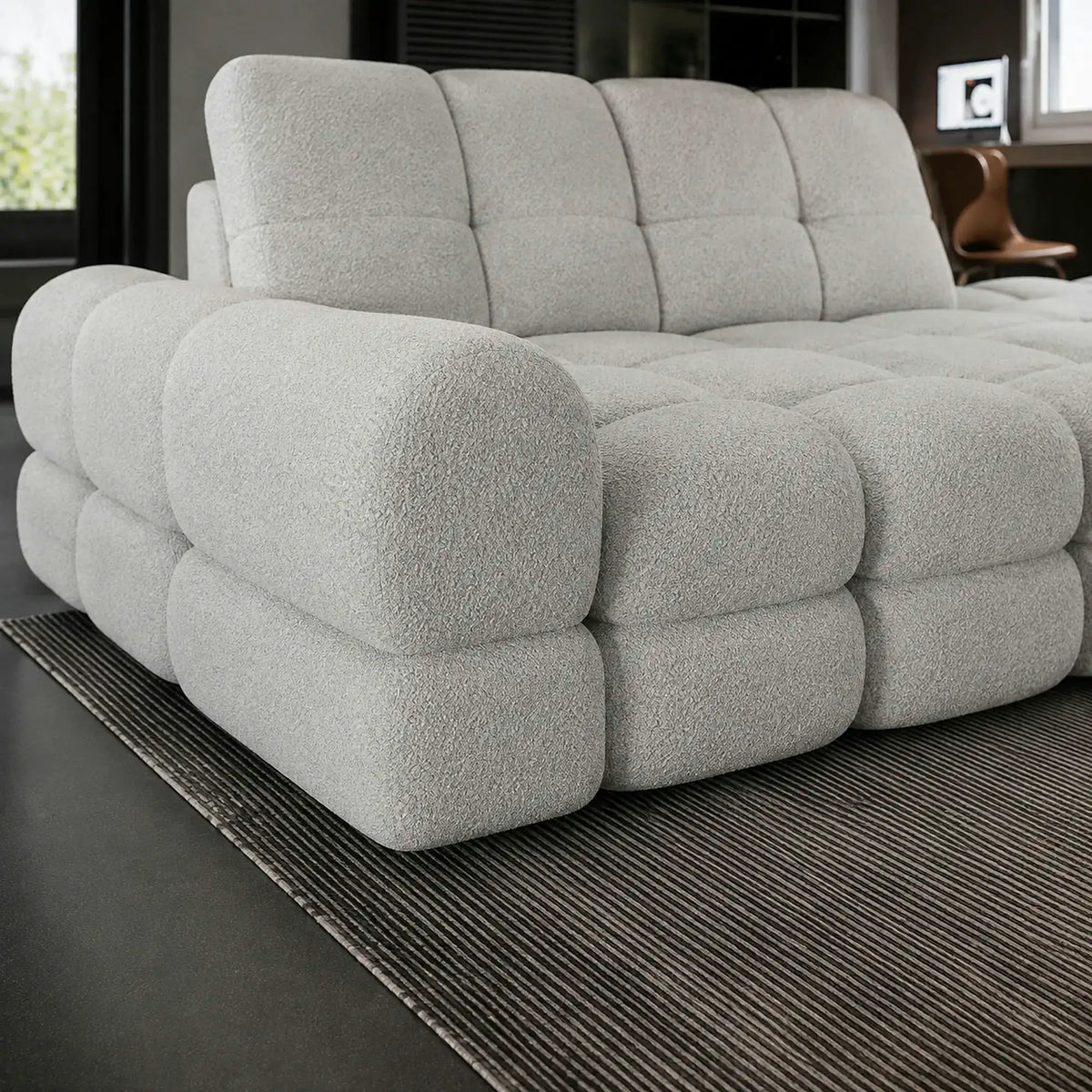 Coltar extensibil confortabil TOLLO MINI, sezlong dreapta, stofa catifelata gri - Element 24, cu lada depozitare si reglaj electric, 283x171x105 cm