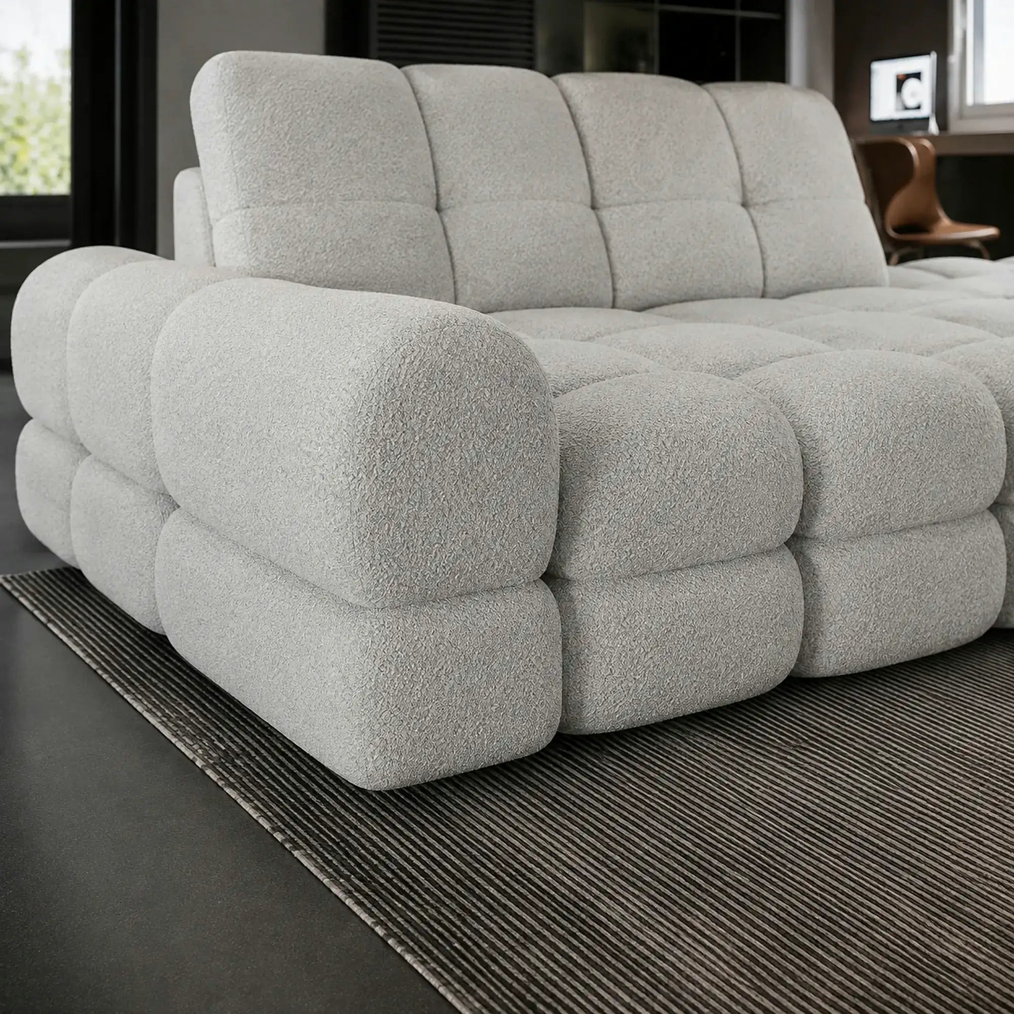 Coltar extensibil confortabil TOLLO MINI, sezlong dreapta, stofa catifelata gri - Element 24, cu lada depozitare si reglaj electric, 283x171x105 cm