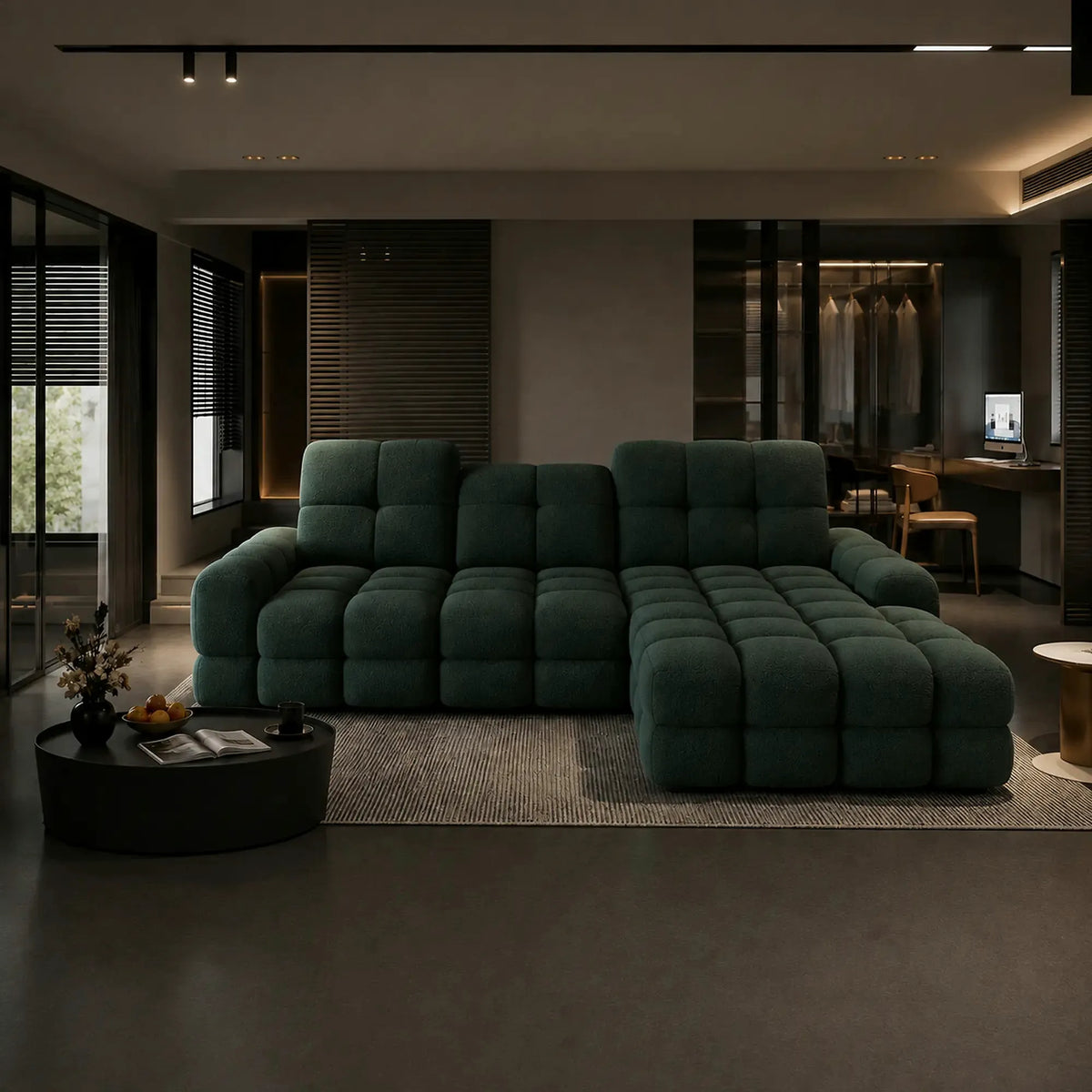 Coltar extensibil confortabil TOLLO MINI, sezlong dreapta, stofa catifelata verde inchis - Element 12, cu lada depozitare si reglaj electric, 283x171x105 cm